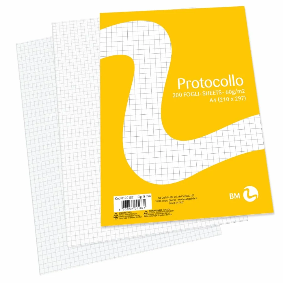 BM BeMore Carta Protocollo A4 Rigatura 5mm Quadretti 5mm 60 g/mq Blister 200 Fogli