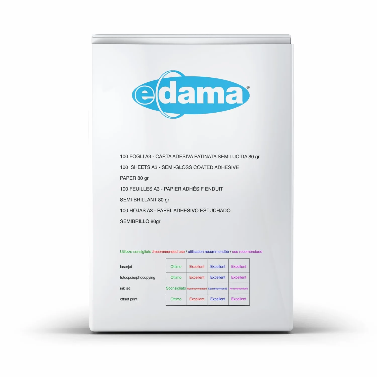 e-dama 100 Fogli Adesivi Stampabili A3 plus (320 x 450mm), Carta Adesiva Patinata Semilucida per Stampante - Ideale per Etichette e Adesivi, Bianco