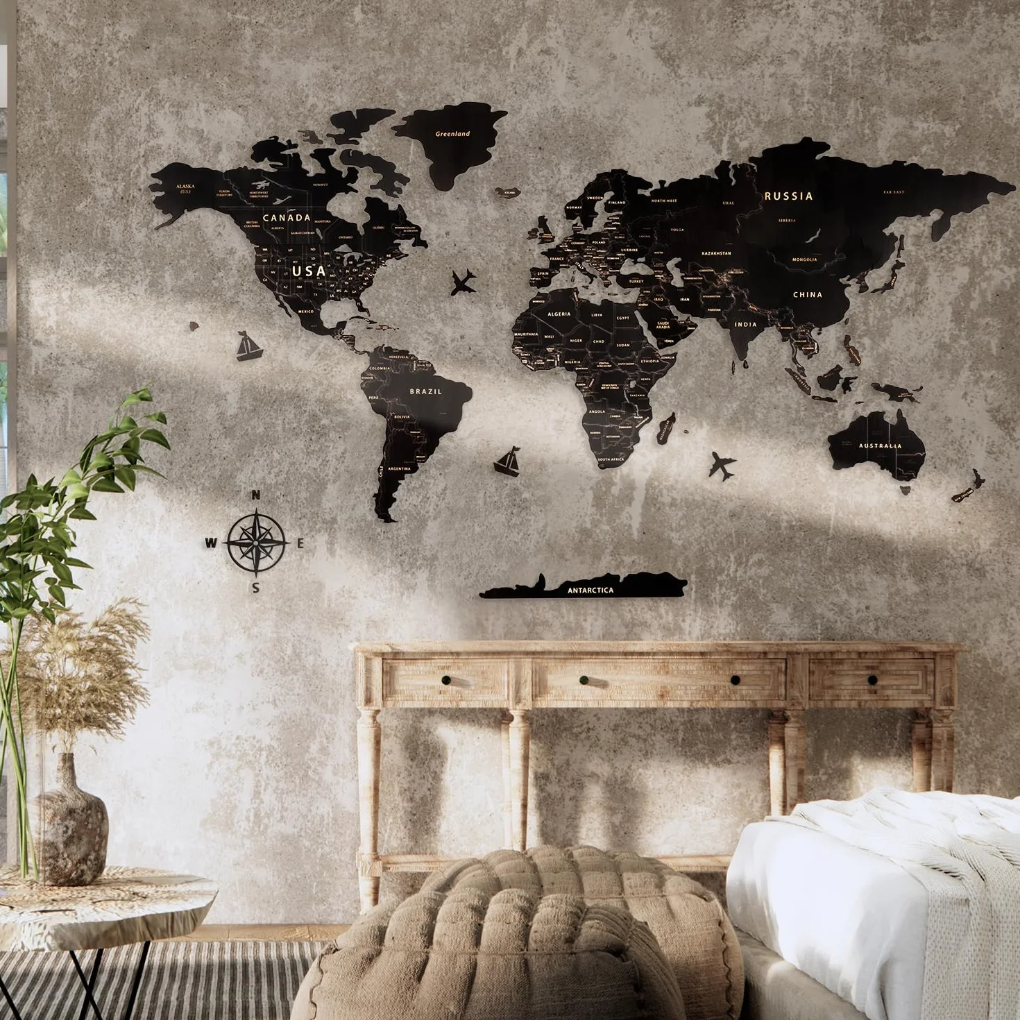 Creawoo Mappa del Mondo in Legno da Parete Decorazione, Nero Mappamondo in Legno Parete Puzzle Arte per Soggiorno, Ufficio, Camera Decorazione -200x114 CM