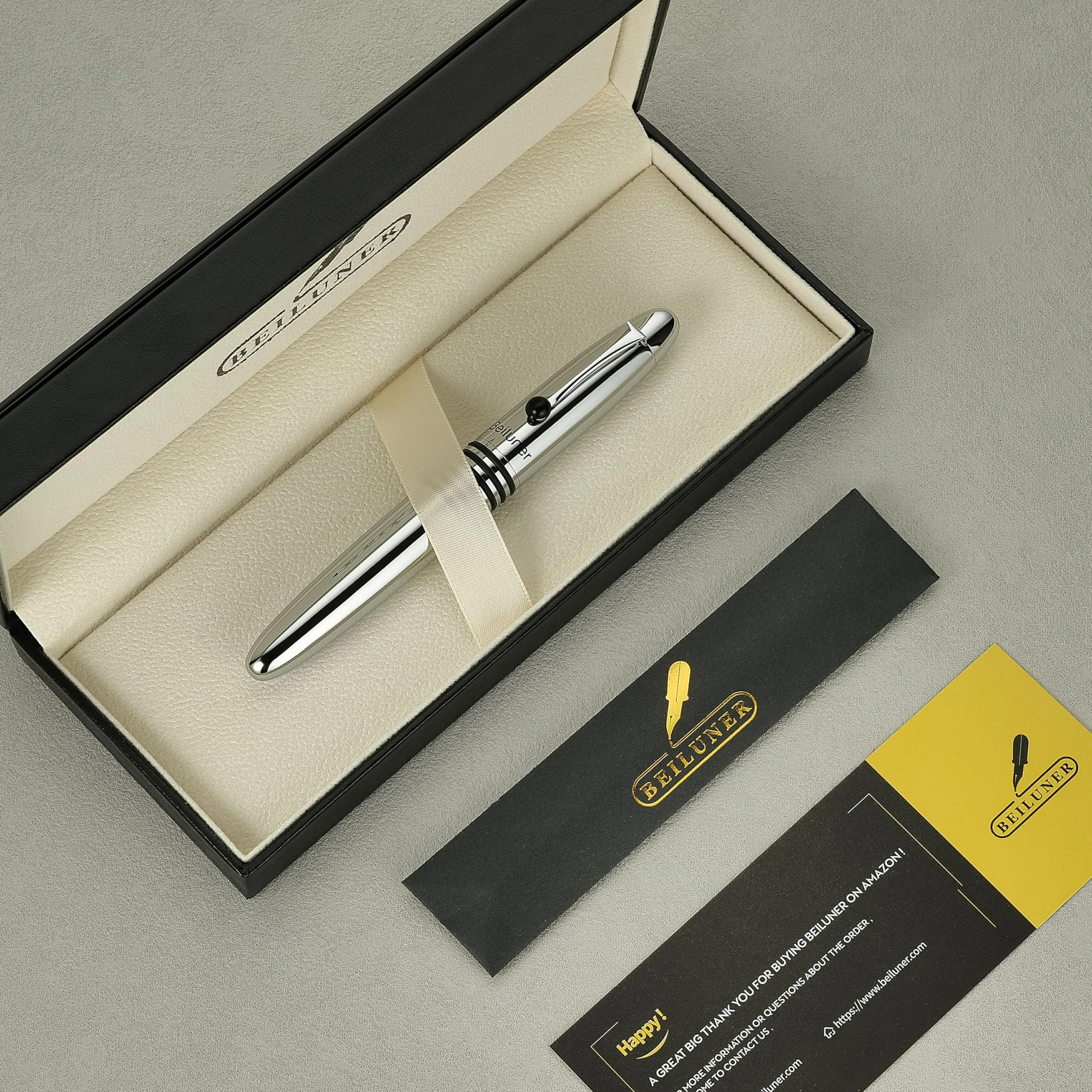 BEILUNER 320 Penna Rollerball di Lusso, Corpo in Metallo Cromato Lucido con Ricarica Schmidt, Set Regalo Dirigenziale EDC Peso Massimo per Uomo e Donna, Penna da Ufficio Professionale-Cromo Argentato