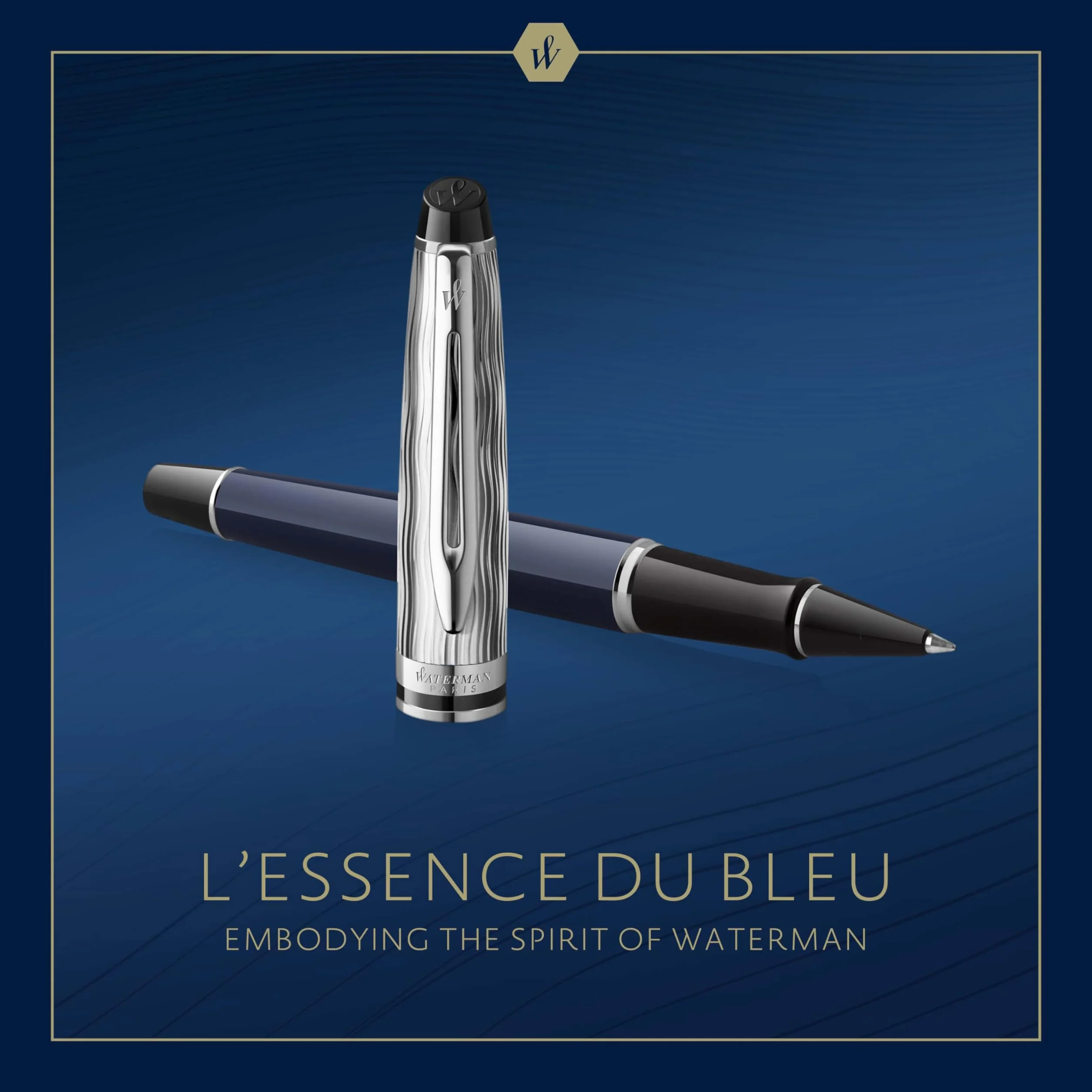 Waterman Expert penna roller Made in France laccatura blu metallo cappuccio cesellato inchiostro nero confezione regalo