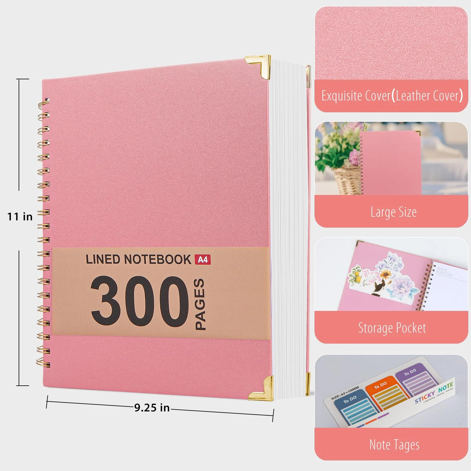Diario a spirale a righe per lavoro, 300 pagine in pelle, 8,5 x 11 cm, riviste a righe universitarie per scrivere, con carta da 120 g/m², quaderni con copertina rigida per prendere appunti, perfetto