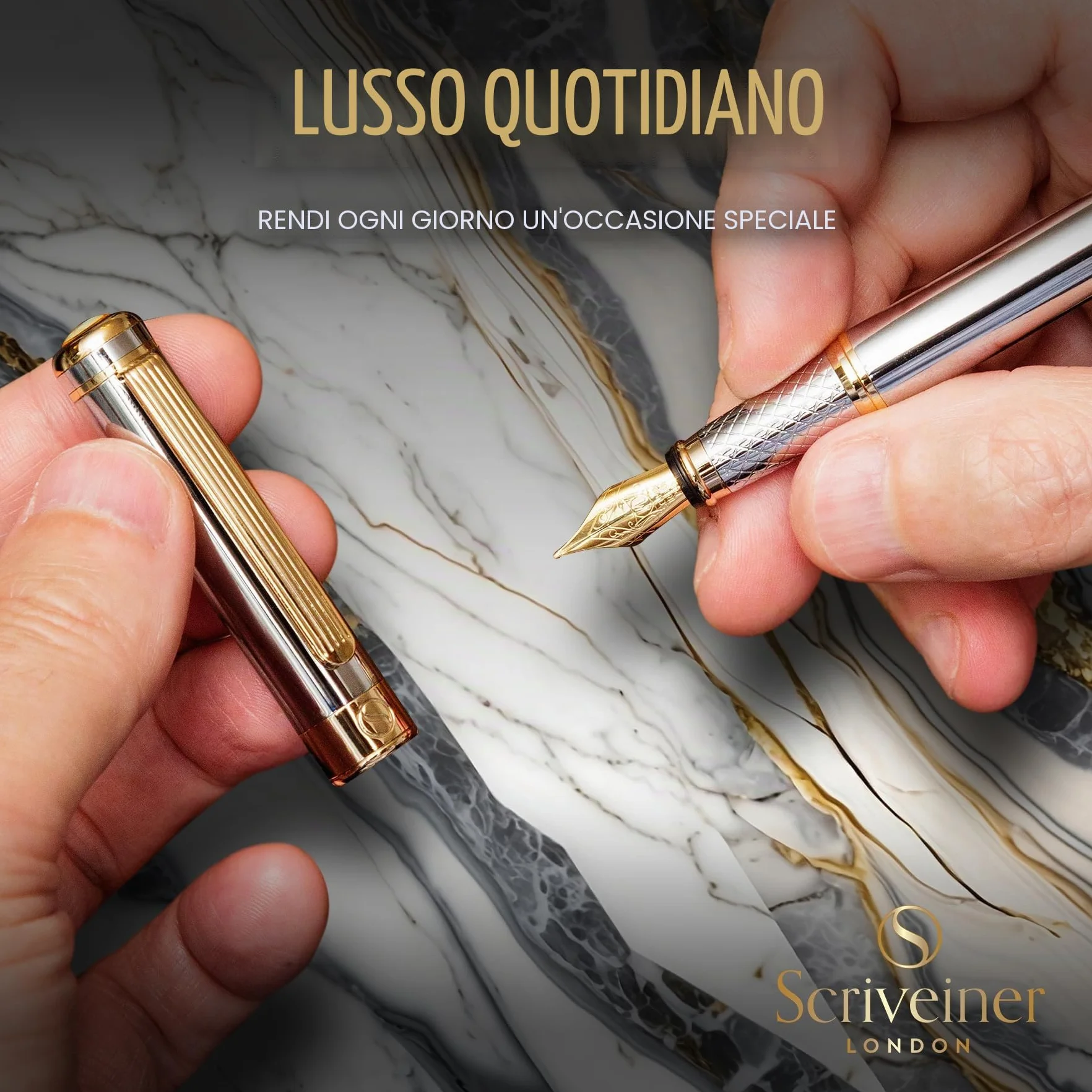 Scriveiner Penna stilografica qualità premium con finitura in Placcato in Vero Oro, Penninoi medio, argento cromato