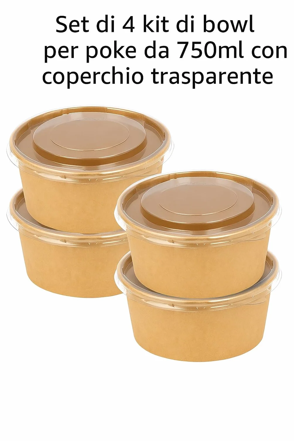 Set da 4 Insalatiere per Poké da 750 ml con Coperchio Trasparente – Ciotole in Carta Kraft Resistenti e Riciclabili