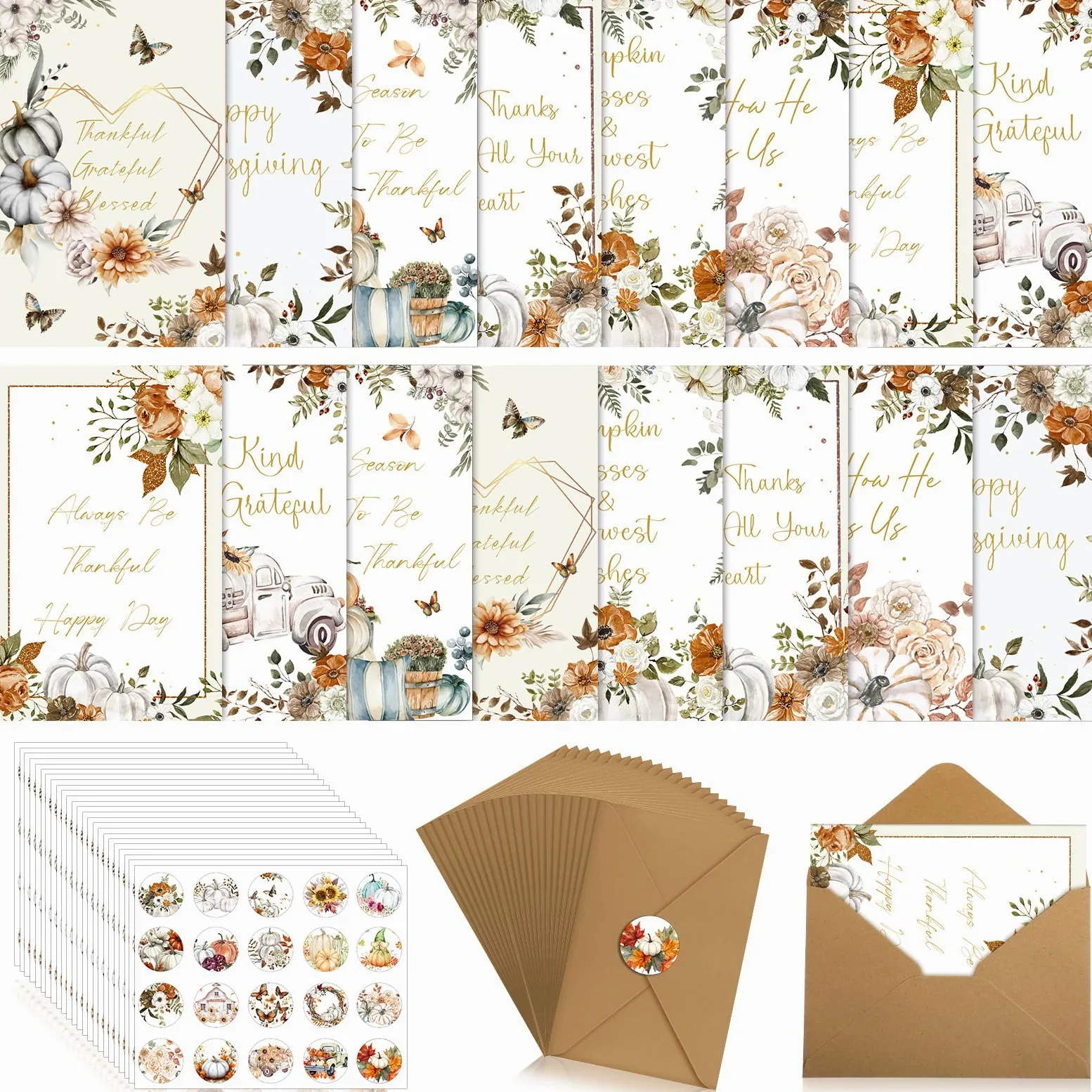 Motiskyy Set di 80 biglietti d'auguri con buste e 4 fogli di adesivi con zucca autunnale e girasole, biglietti di auguri per amanti, amici, familiari, dipendenti, colleghi, regali