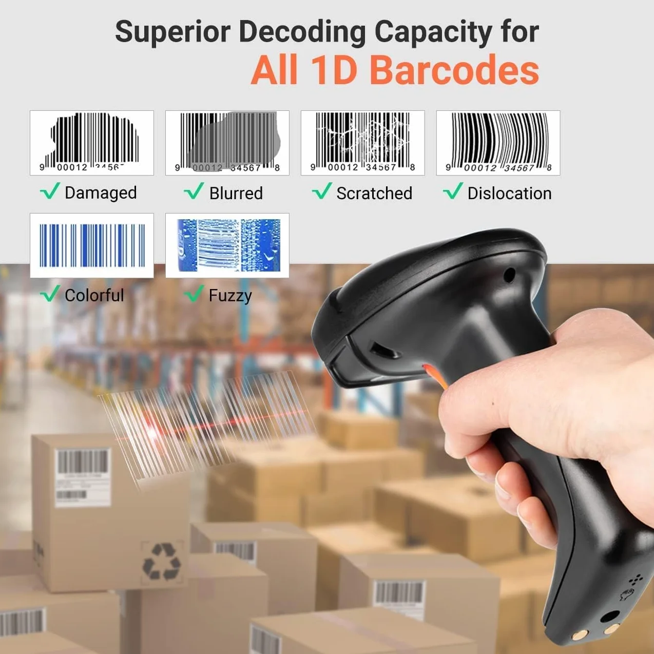 Tera Barcode Scanner Wireless 2,4GHz Lettore di Codici a Barre per 1D Laser con Stazione di Ricarica, Modello di Aggiornamento 6100