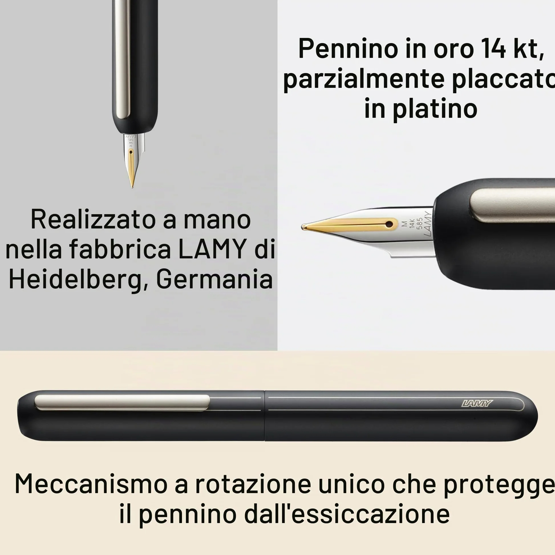 Lamy dialog black –penna stilografica senza capp. con meccanismo a rotazione –pennino in oro 14 ct, parz. platinato e di misura F –incl. cartuccia d'inchiostro T 10 blu e conv. Z 27 –per destrimani