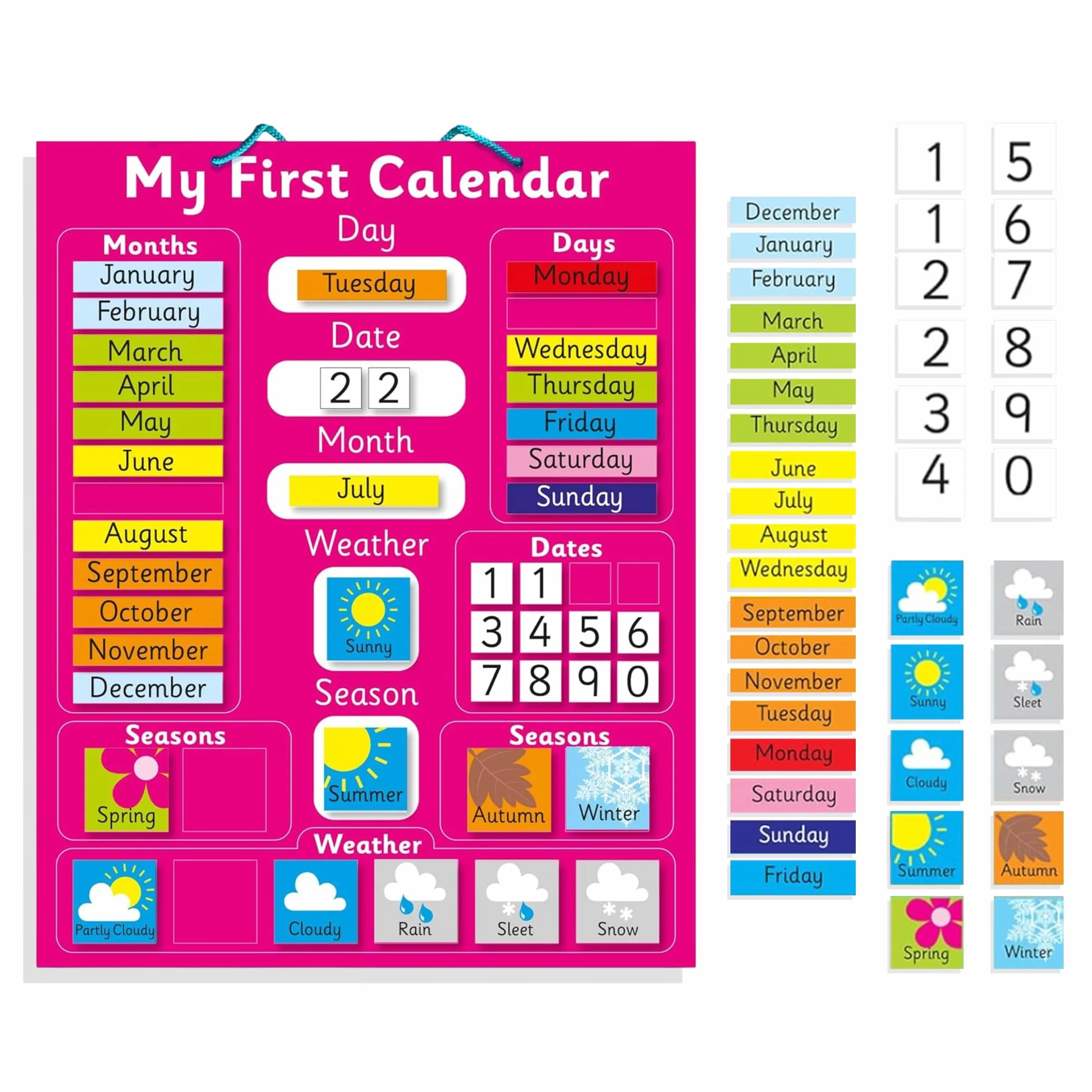 Indigo Worldwide - Il mio primo calendario magnetico, colore: Rosa (anche disponibile nel colore: Blu) Tavola rigida 40 x 32cm, fornita di gancio per appendere alla parete