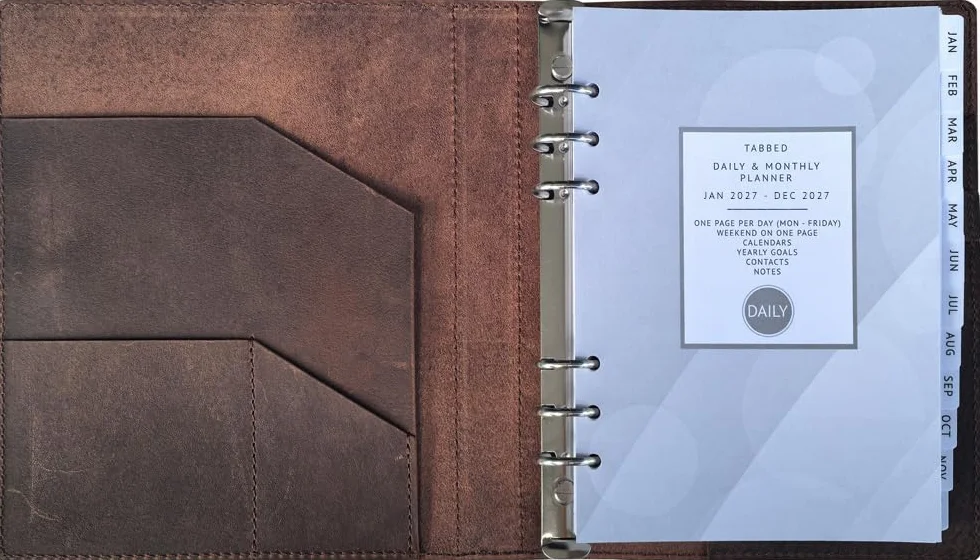Agenda giornaliera in pelle, giorno su una pagina, da gennaio 2026 a dicembre 2026, raccoglitore in vera pelle, ricaricabile, formato A5