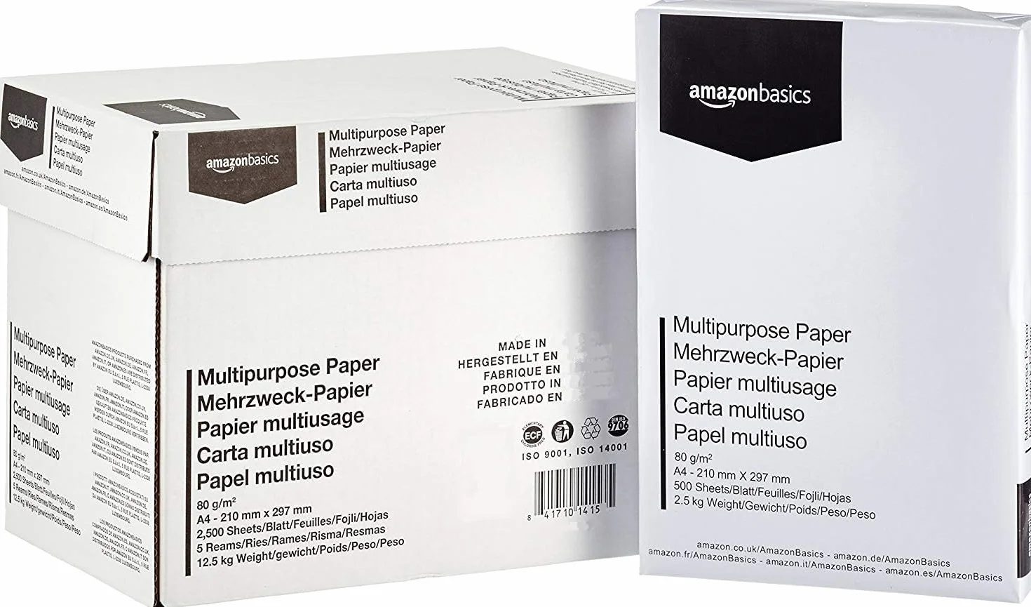 Amazon Basics Carta da stampa multiuso A4 80gsm, 2500 unità, Bianco