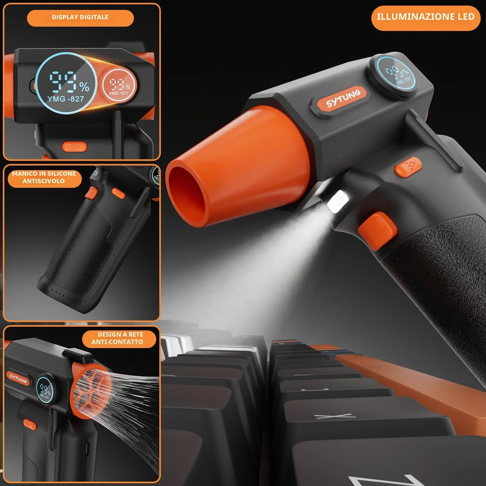 Soffiatore a Batteria - 130000 giri/min - Piumino ad aria compressa a batteria Super Power con getto d'aria e luce LED, ventola regolabile su 3 velocità per PC, tastiera, esterni, casa e auto