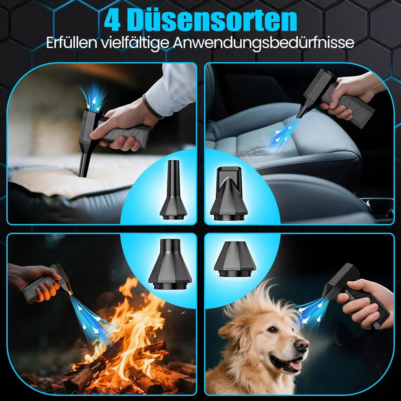 Aria Compressa Elettrico Rimuovi Polvere - 3 Velocità 130000 Giri/Min Mini Soffiatore a Batteria, Turbo Fan con 4 Soffiatore, Pistola ad Aria Compressa per Pulizia di PC, Tastiera, Auto e Divano