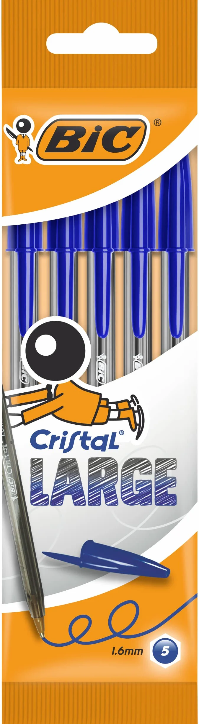 BIC Cristal Large Penne a Sfera Blu Punta Larga 1,6 mm Confezione da 5