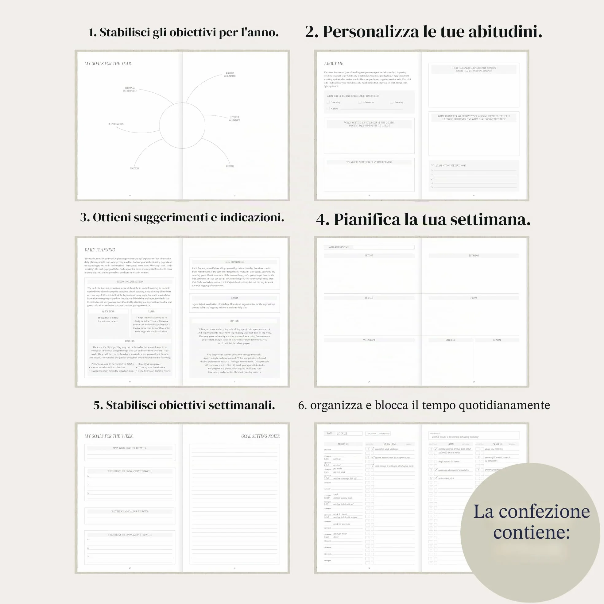 Planner per la produttività con copertina rigida, agenda giornaliera per organizzazione, gestione del tempo e produttività, planner A5 non datato con il metodo virale di Grace Beverley | Linen Dreams