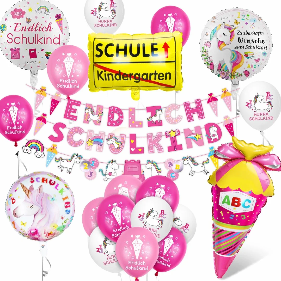 Decorazione per l'inizio della scuola a tema unicorno, palloncino in pellicola e striscione per bambini