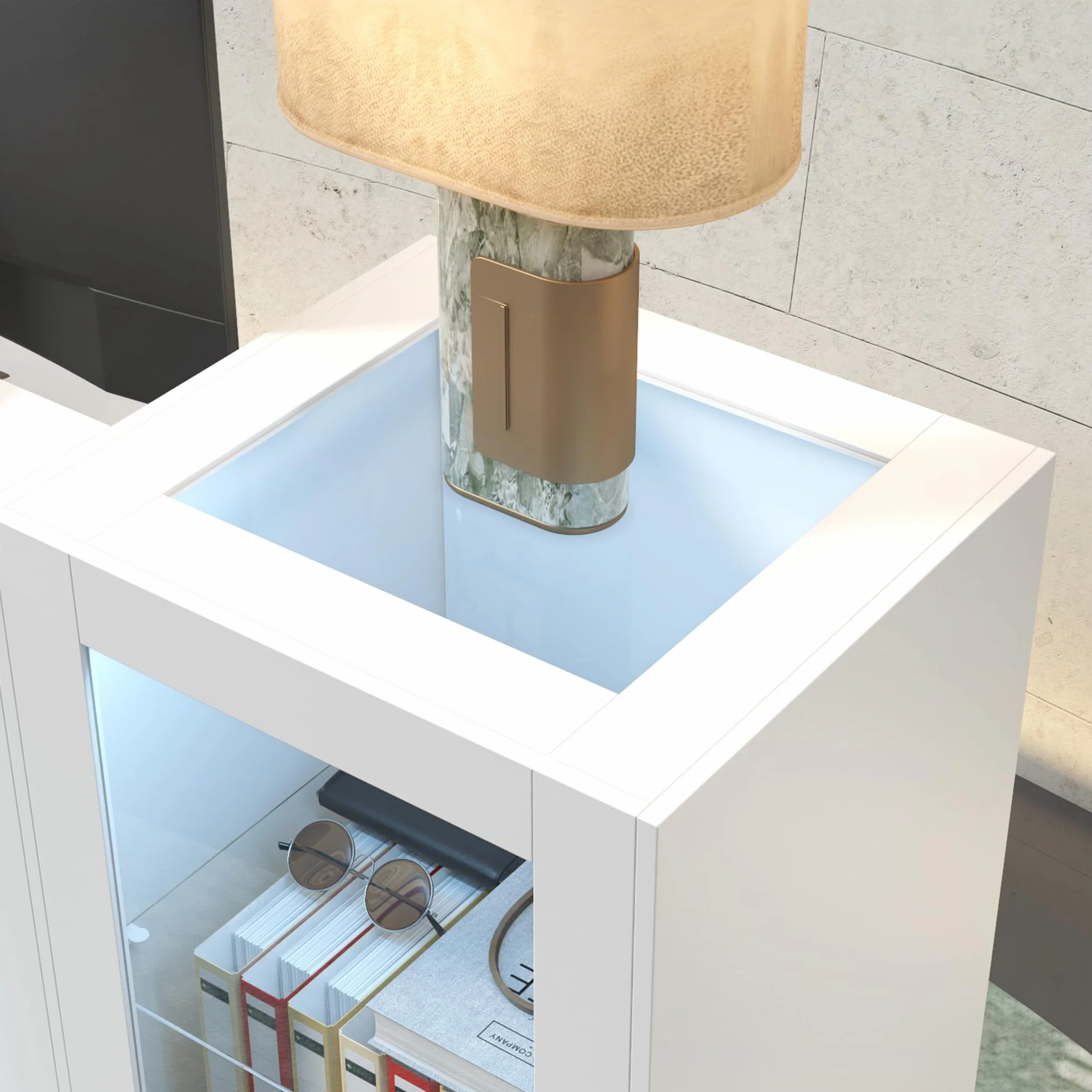 Bancone da reception bianco, tavolo da ricevimento con barra luminosa, bancone per reception, bancone ricezione, tavolo per reception, bancone ricezione con 2 armadietti e 1 vassoio scorrevole