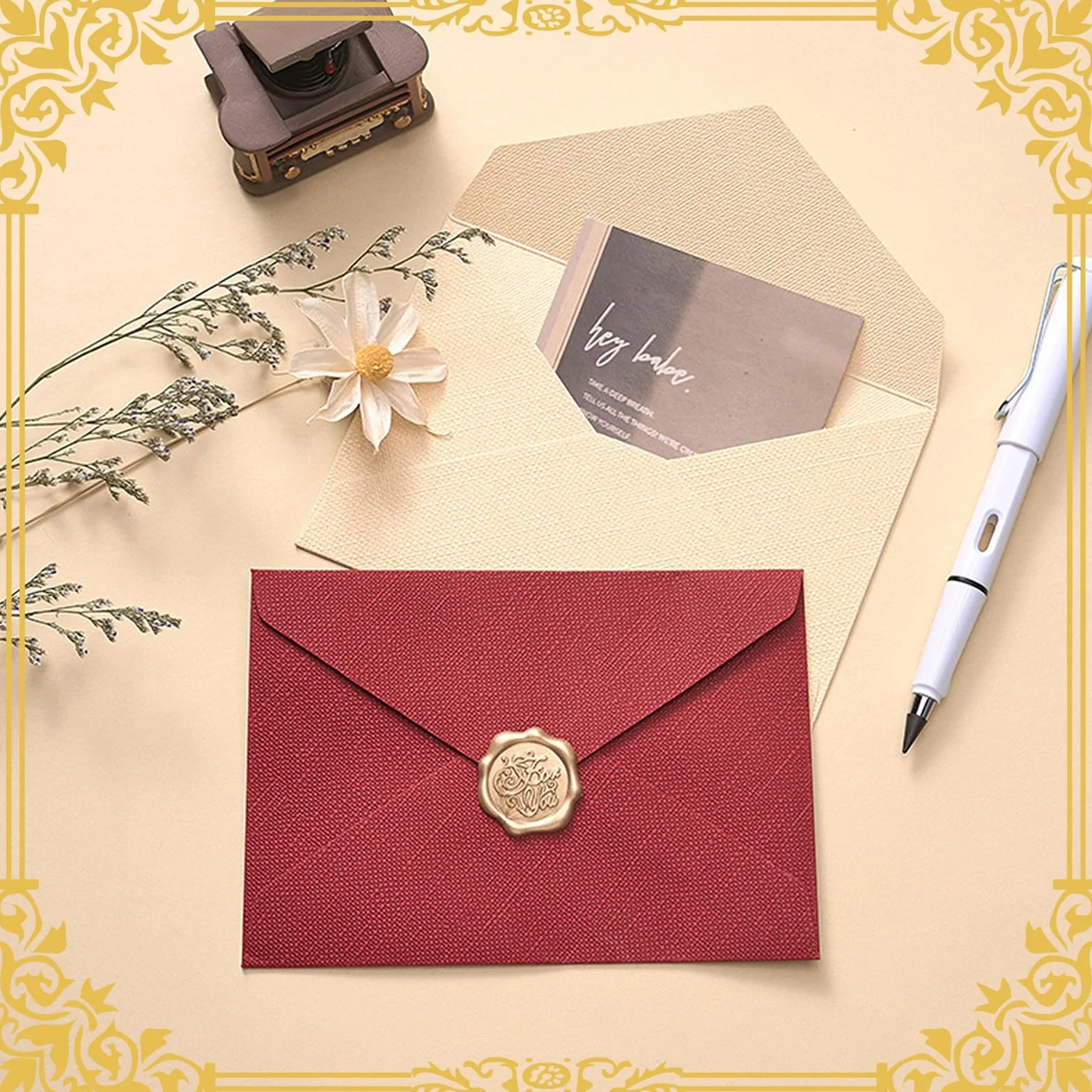 Set di Carta da Lettere Vintage 38 Pezzi, Buste in Lino con Sigillo di Cera, A5 Kraft per Inviti Nozze