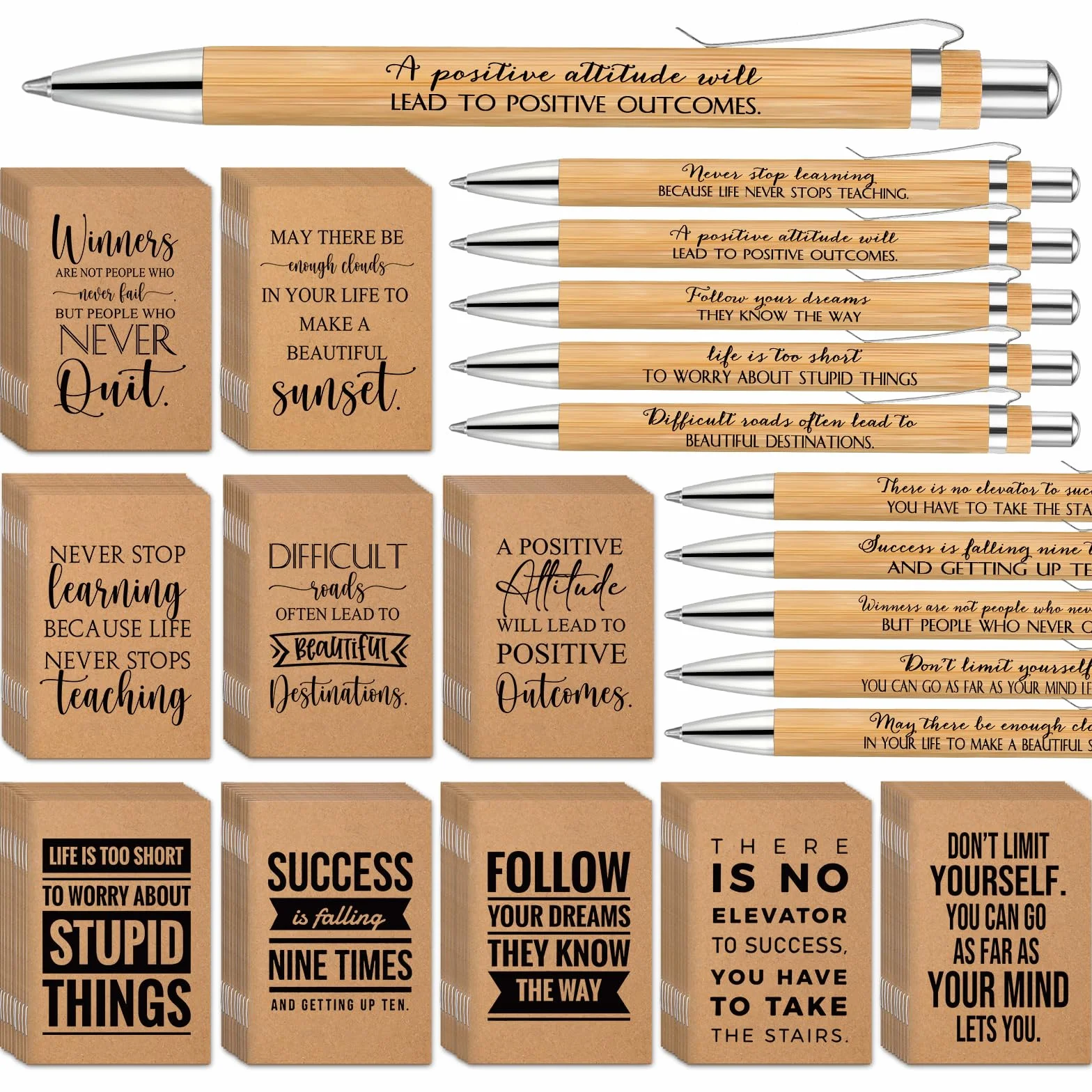 PerKoop 200 quaderni motivazionali in carta kraft, piccoli diari in bambù, penne ispiratrici per donne, uomini, ufficio, scuola, dipendenti, colleghi, insegnanti, volontari, regalo