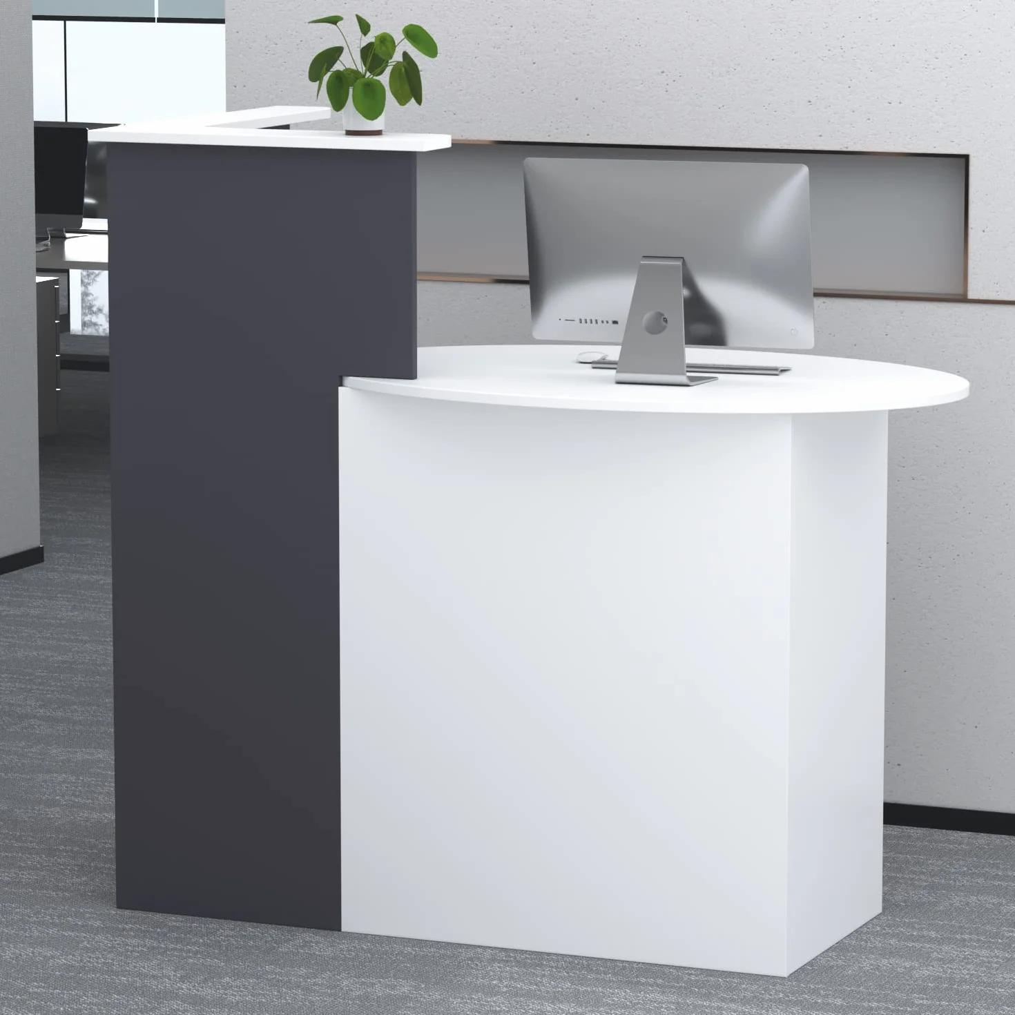 Bancone di reception, Bancone di accoglienza con superficie aperta e 1 cassetto bloccabile, controsoffitto con design Patchwork Nero e Grigio Scuro, MDF, 40 x 121 x 110 cm