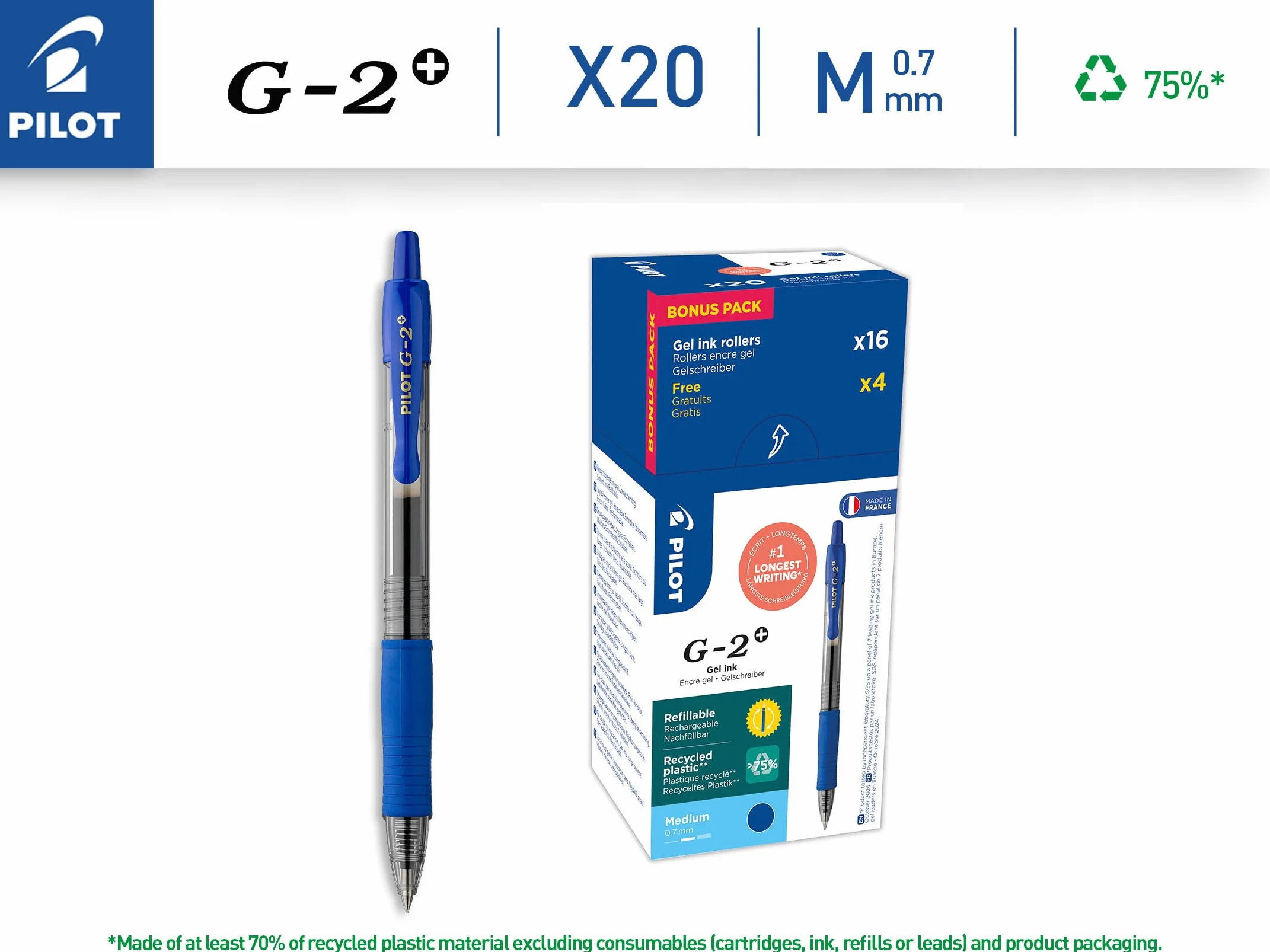 PILOT - Set di 20 G2 Plus - Penne Roller Gel Retrattili e Ricaricabili - Scrittura Confortevole - Blu - Punta Media