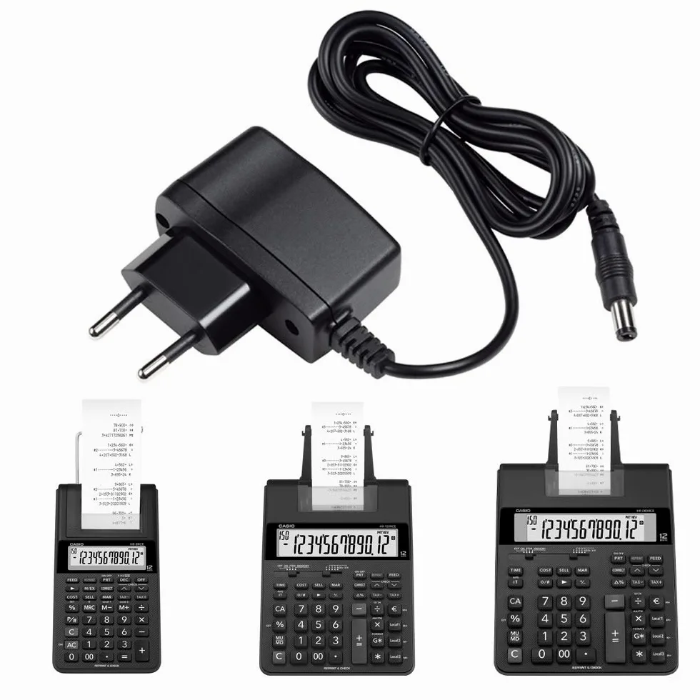 Casio HR-8RCE-WE Calcolatrice Scrivente Bianca Portatile, Bianco & ADA-60024 Alimentatore, nero