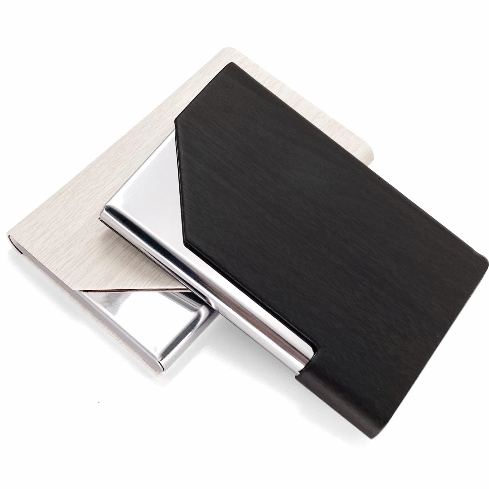 Porta Biglietti da Visita in Metallico con Custodia in Pelle PU Porta Carte Tascabile Nero Bianco