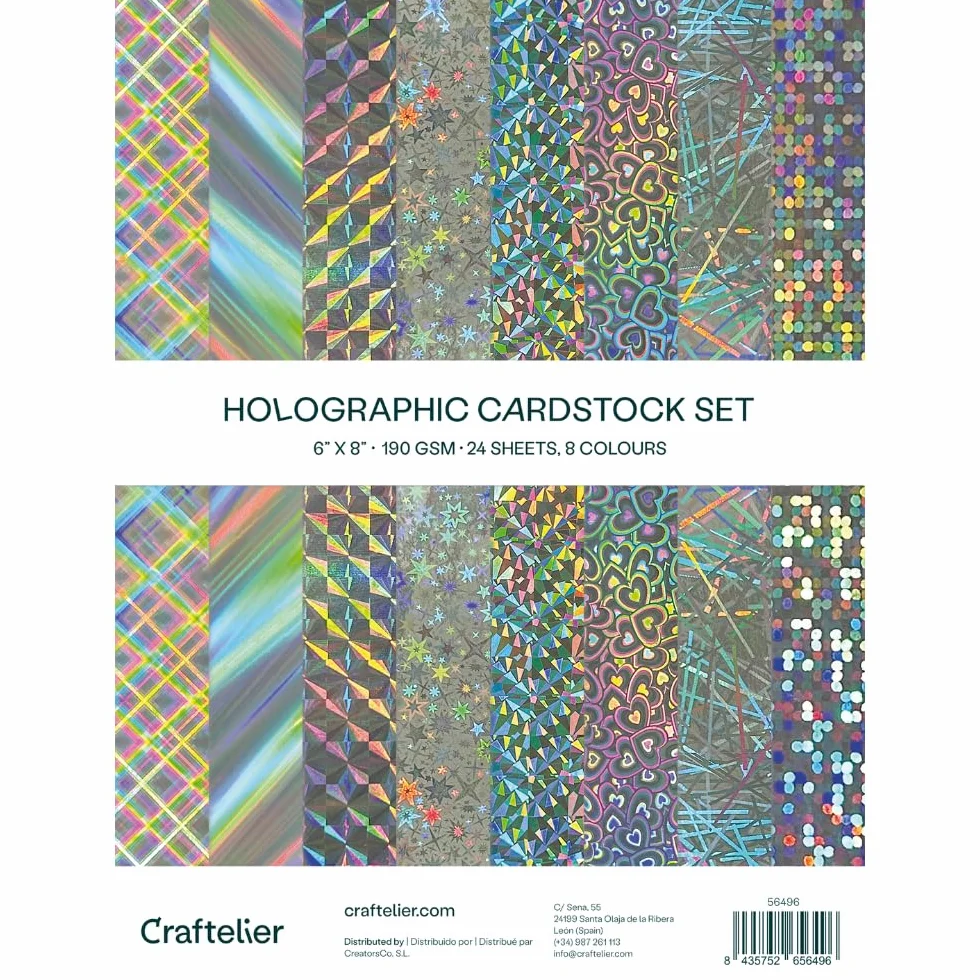 Craftelier Cartoncino Olografico 190gsm 24 Fogli 15,24 x 20,32 cm Carta Riflettente per Scrapbooking