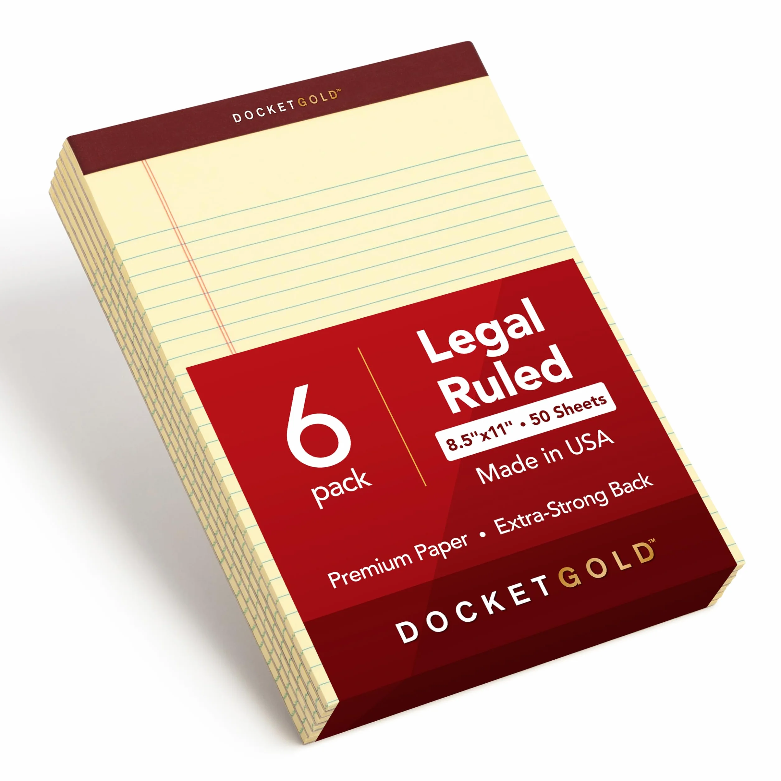 Tops Docket Gold Writing Tablet, 8-1/2 x 11-3/10, 2 cm, Perforated, Canary, Legal/Wide Rule, 50 Sheets per Pad, 6-Pack