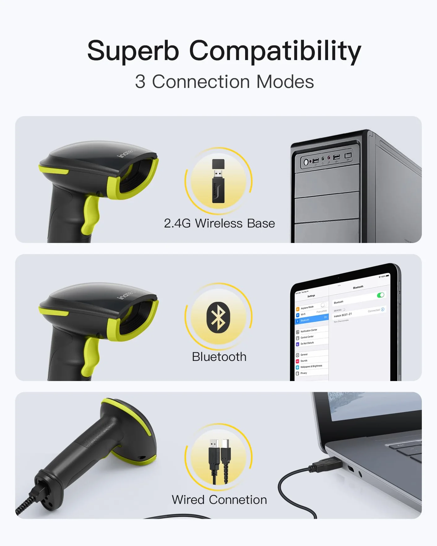 Inateck 2D Lettore Barcode Wireless con Supporto Intelligente, Lettore Codice a Barre Bluetooth, Barcode Scanner con App e SDK, Pistola Barcode con Batteria da 2600mAh, BCST-35
