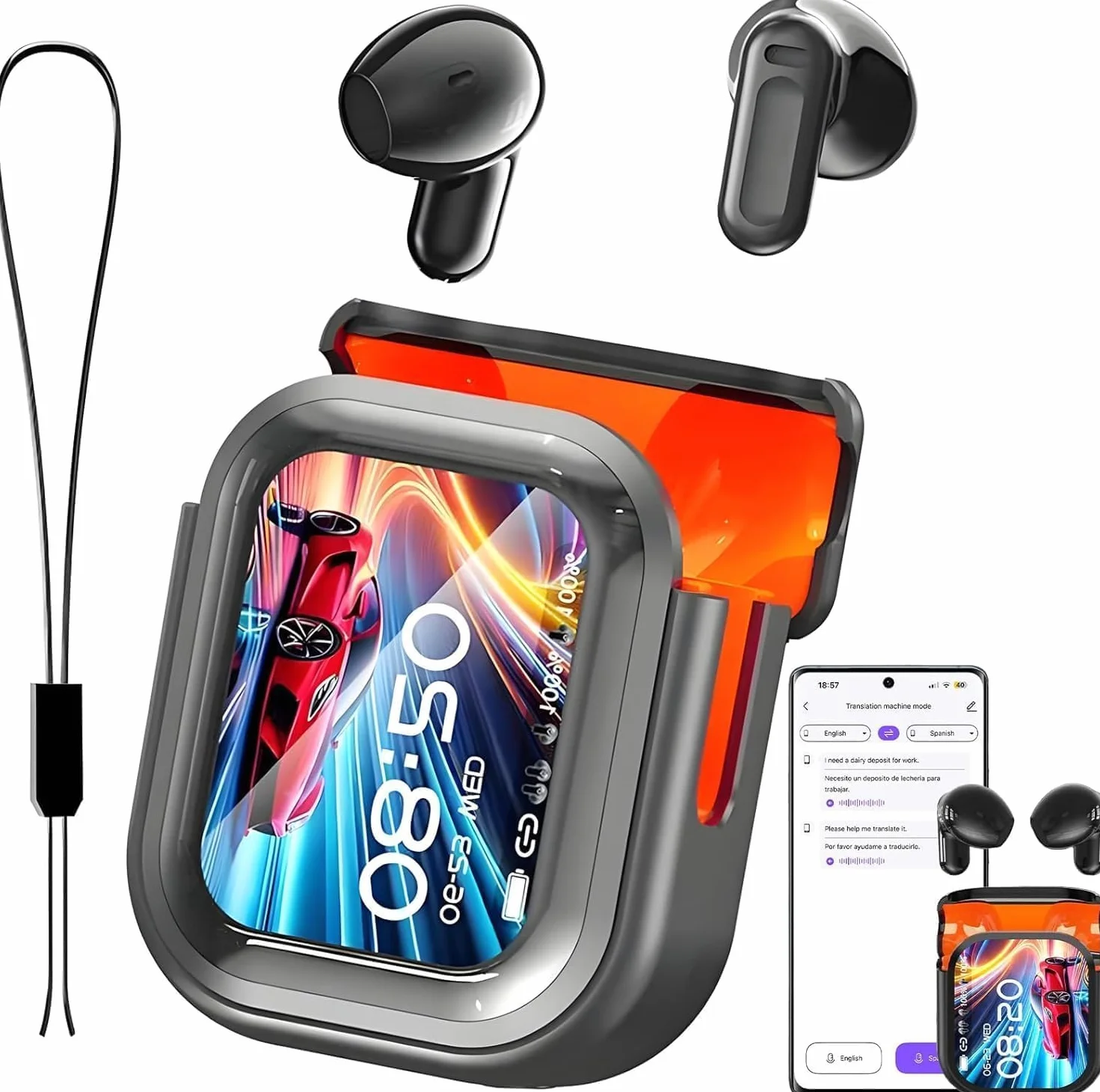 NE20 Auricolari Bluetooth Traduttori – Traduzione in Tempo Reale di 165 Lingue, Assistente IA, Suono Hi‑Fi, Schermo Tattile LCD, Batteria 60h, per Viaggi/Riunioni (Compatibile iOS/Android)