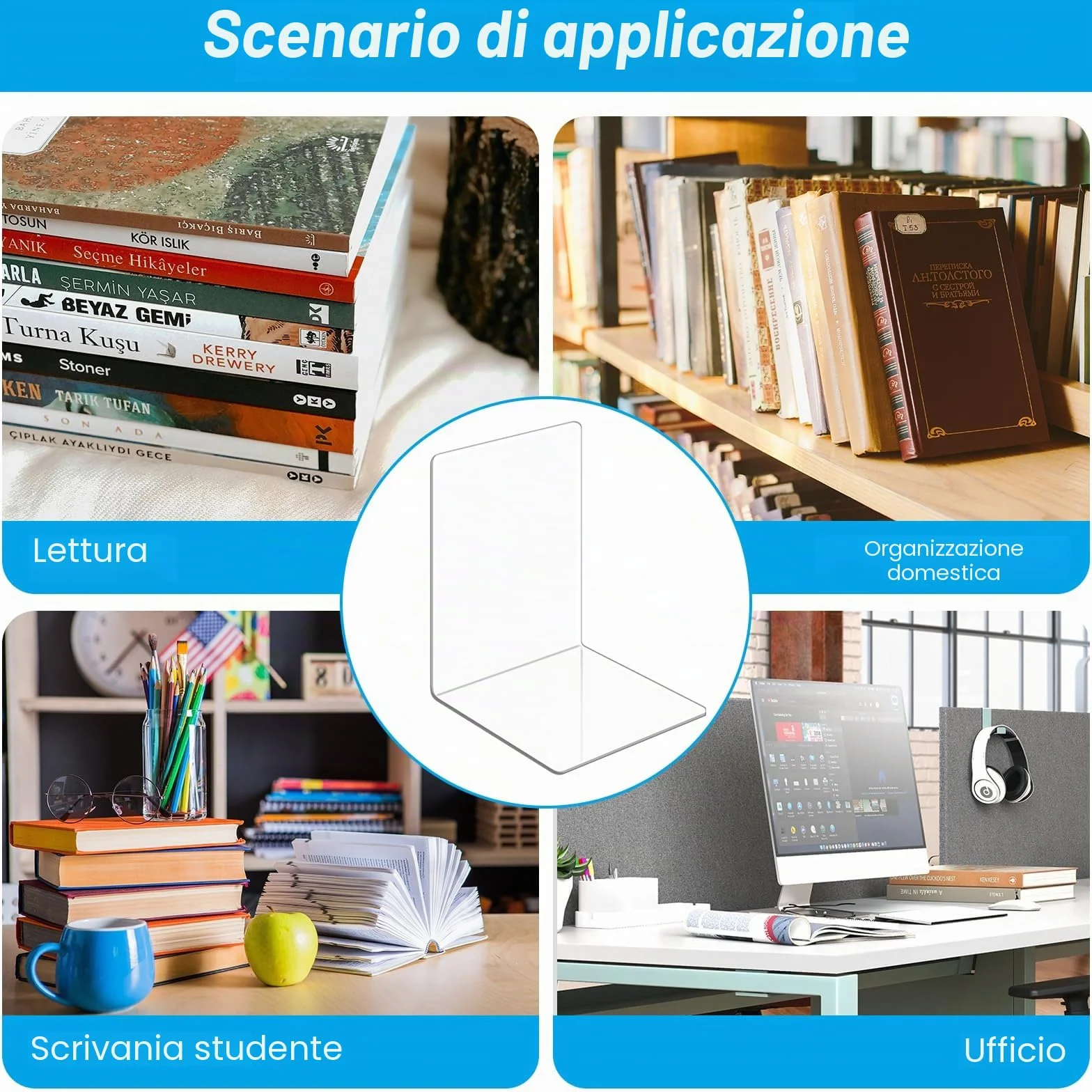 Fermalibri Acrilico Trasparente 8 Pezzi UCAMP per Mensole Libreria