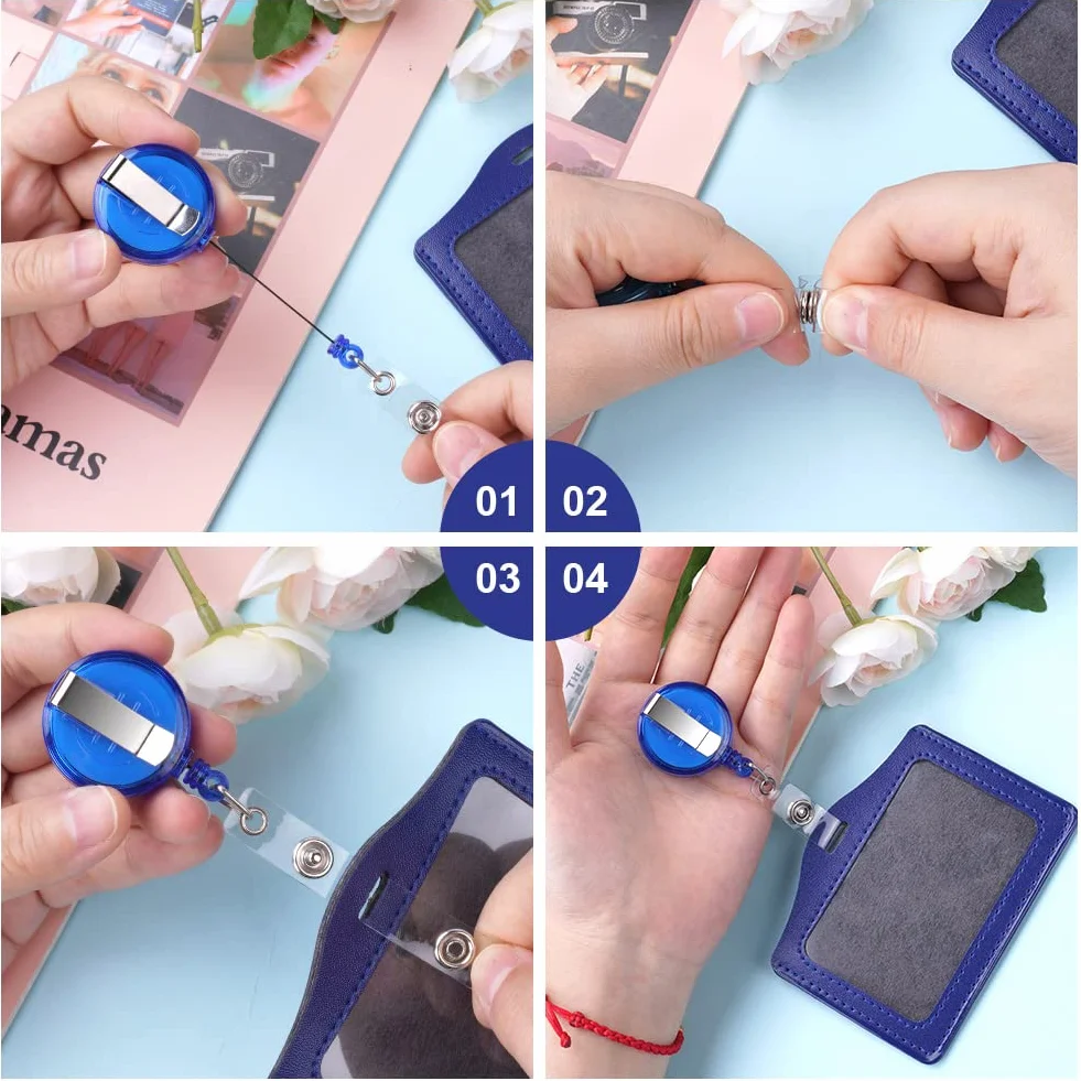 Vicloon Porta Badge, 2pcs Porta Badge Identificativo, PU Colorato Orizzontale Retrattile in Pelle con Clip per Ufficio, Carta Identità, Pass Bus (Azzurro & Blu Scuro)