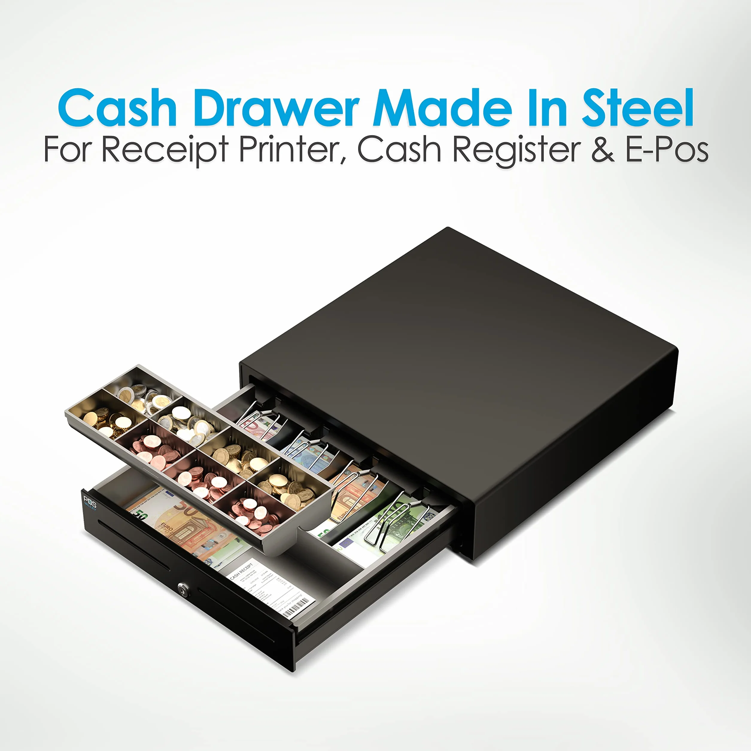 Cassetto in Ferro Cassa Portasoldi per Stampante Fiscale RT e Registratore di Cassa. Interno 4 Banconote / 8 Monete (euro) - Nero, Automatico, Struttura in Acciaio - 41x41x11cm