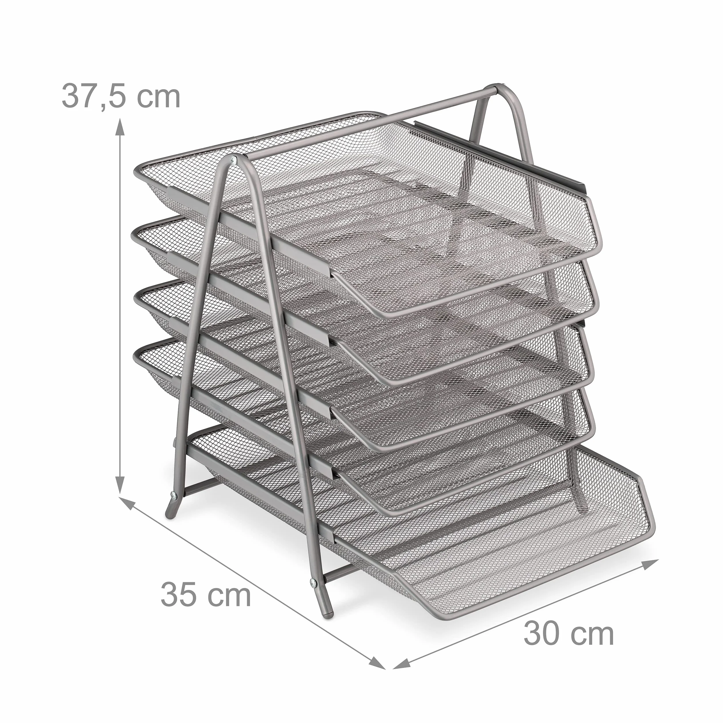 Relaxdays Organizer Portadocumenti con 5 Vaschette, Portalettere A4, HLP: 37,5 x 30 x 35 cm, Rete in Acciaio, Argentato