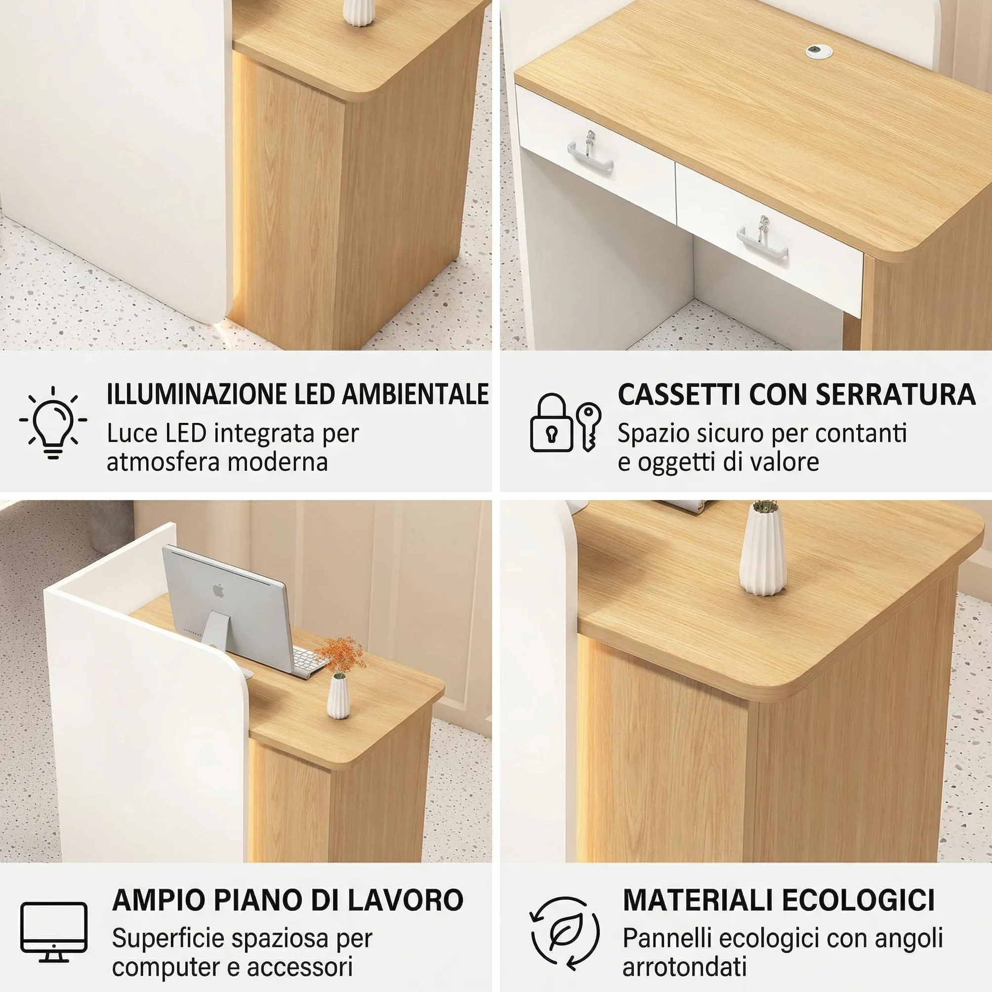 Bancone cassa piccolo e moderno Dotato di luci LED Cassetti con serratura per garantire la sicurezza degli oggetti di valore Ideale per negozi, centri estetici e parrucchieri.Color bianco 95*45*100/14