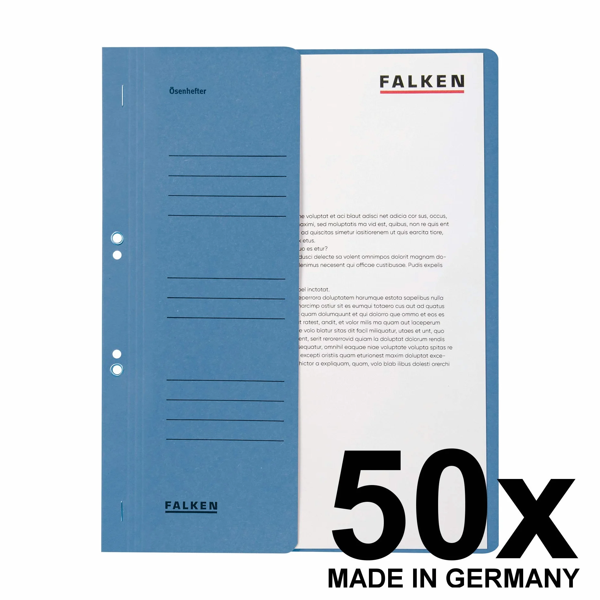 Falken, confezione da 50 raccoglitori con fori, originali Prodotti in Germania. Raccoglitori in cartone riciclato certificato Blauer Engel, con mezza copertina anteriore e rilegatura commerciale per DIN A4, blu