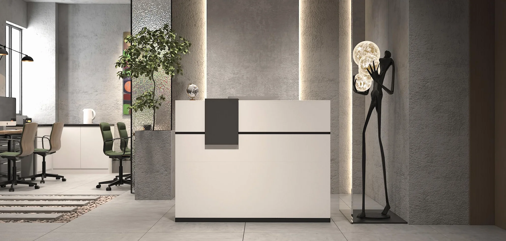 Banco di reception, banchi di reception, banchi di ricevimento con cassetti e armadi chiudibili, bancone con ripiani aperti regolabili, 140 x 60 x 110 cm, MDF, bianco, HUPODE250005-0001