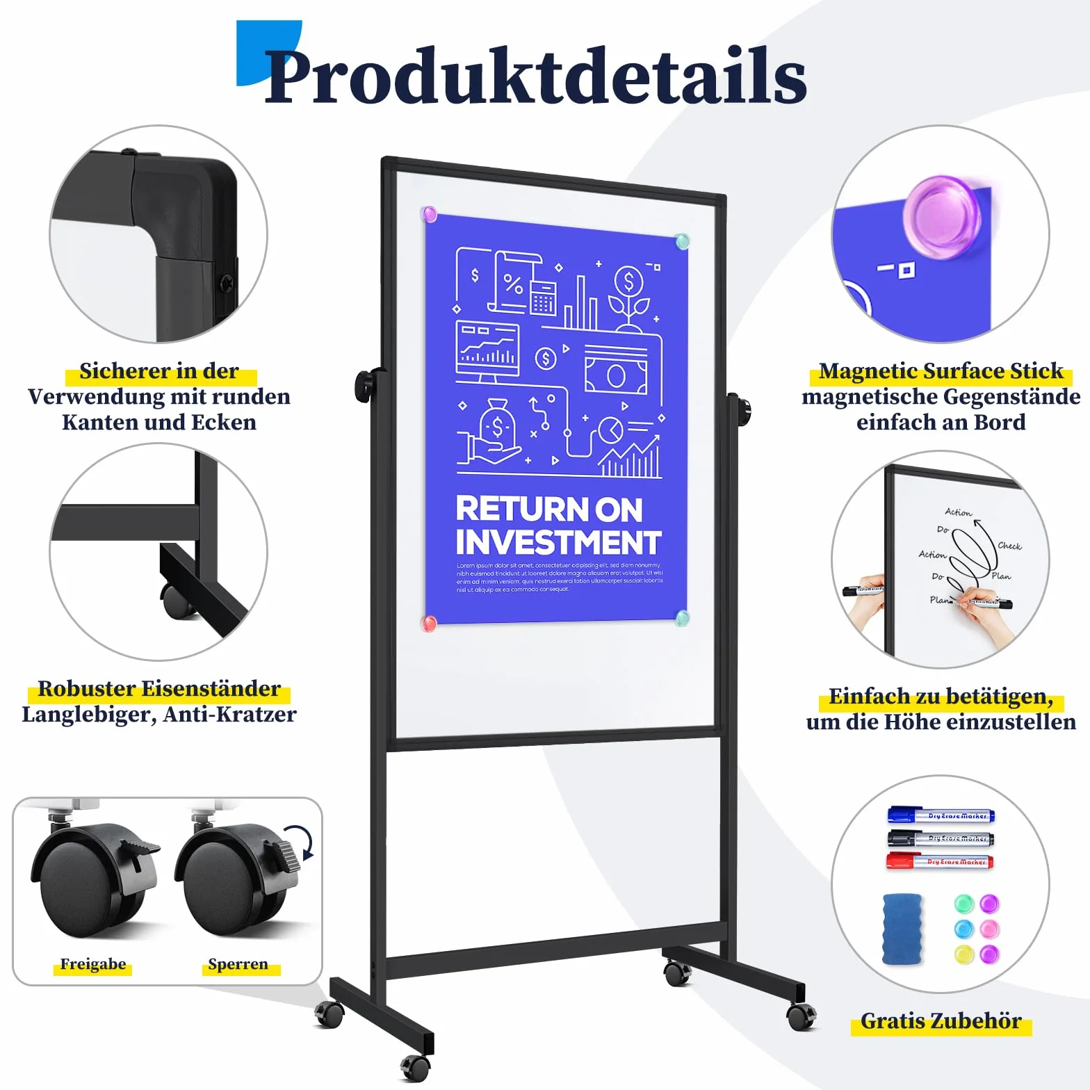 maxtek Lavagna bianca mobile nera 120 x 80 cm, altezza regolabile su entrambi i lati, lavagna magnetica con supporto, per ufficio, aula e casa