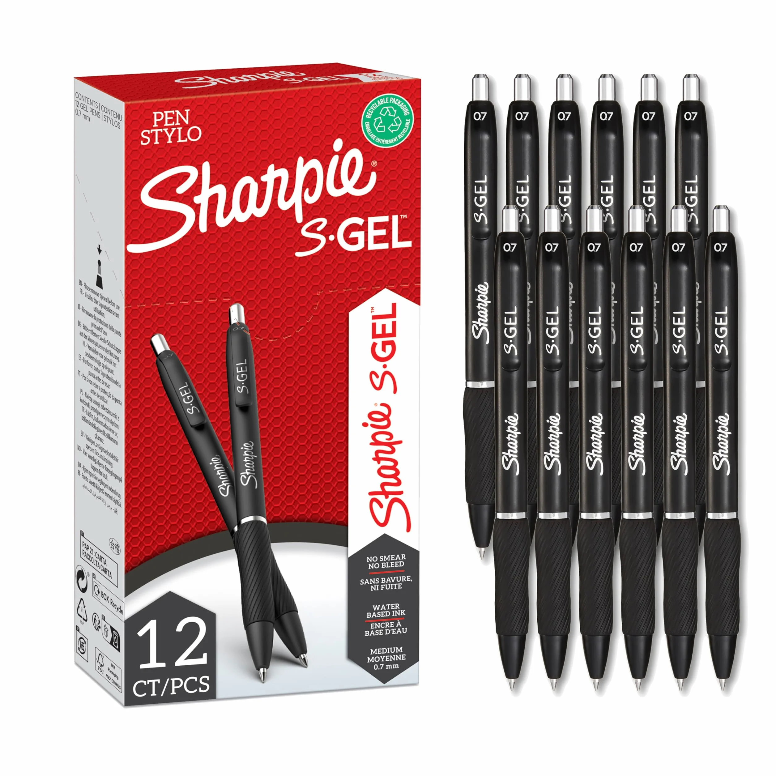 Sharpie S-Gel | Penne gel | Punta media (0,7 mm) | Inchiostro nero | Confezione da 12