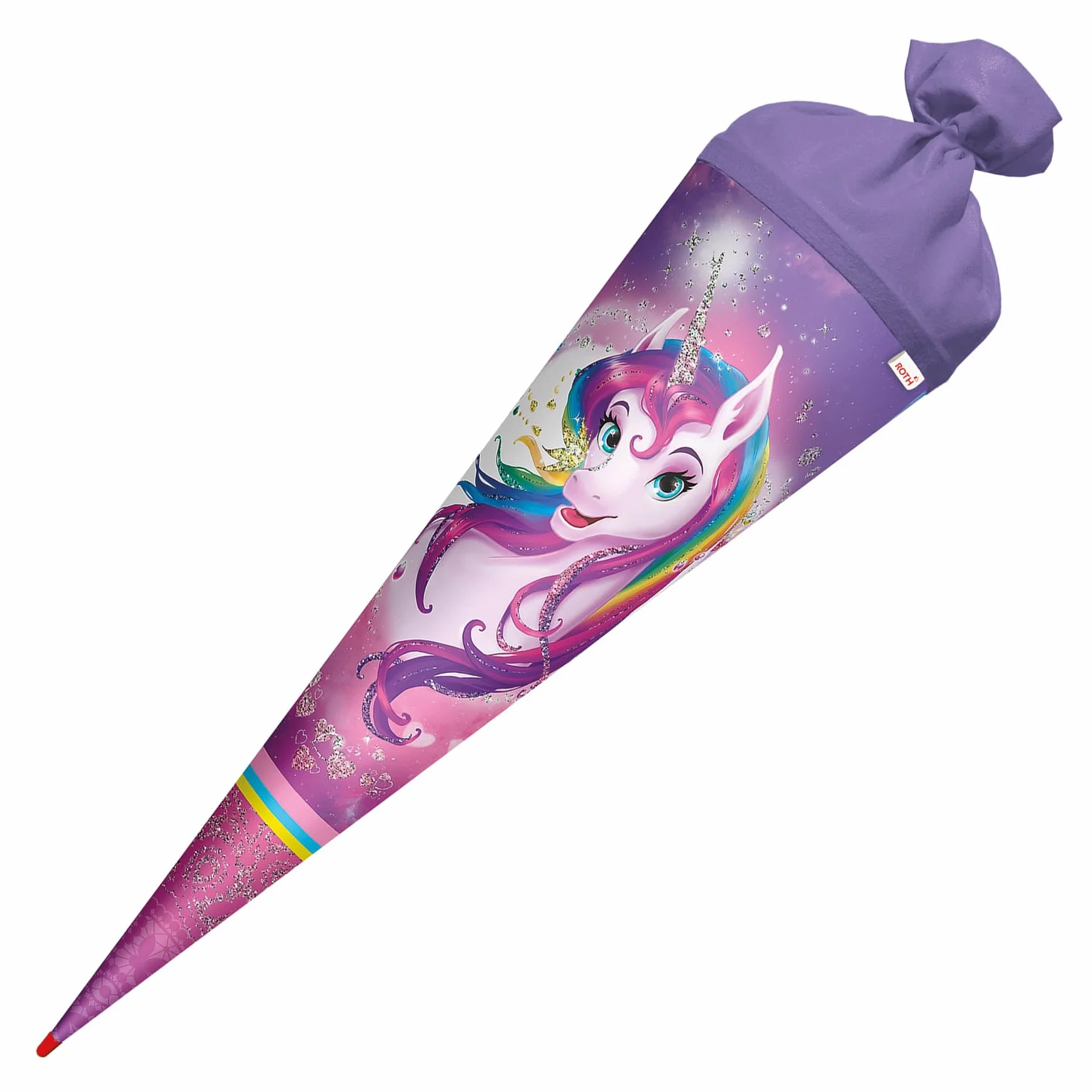 ROTH Sacchetto per la scuola, motivo unicorno, 70 cm, con effetto glitter, rotondo in pizzo rosso (h), chiusura in feltro, con unicorno, glitter