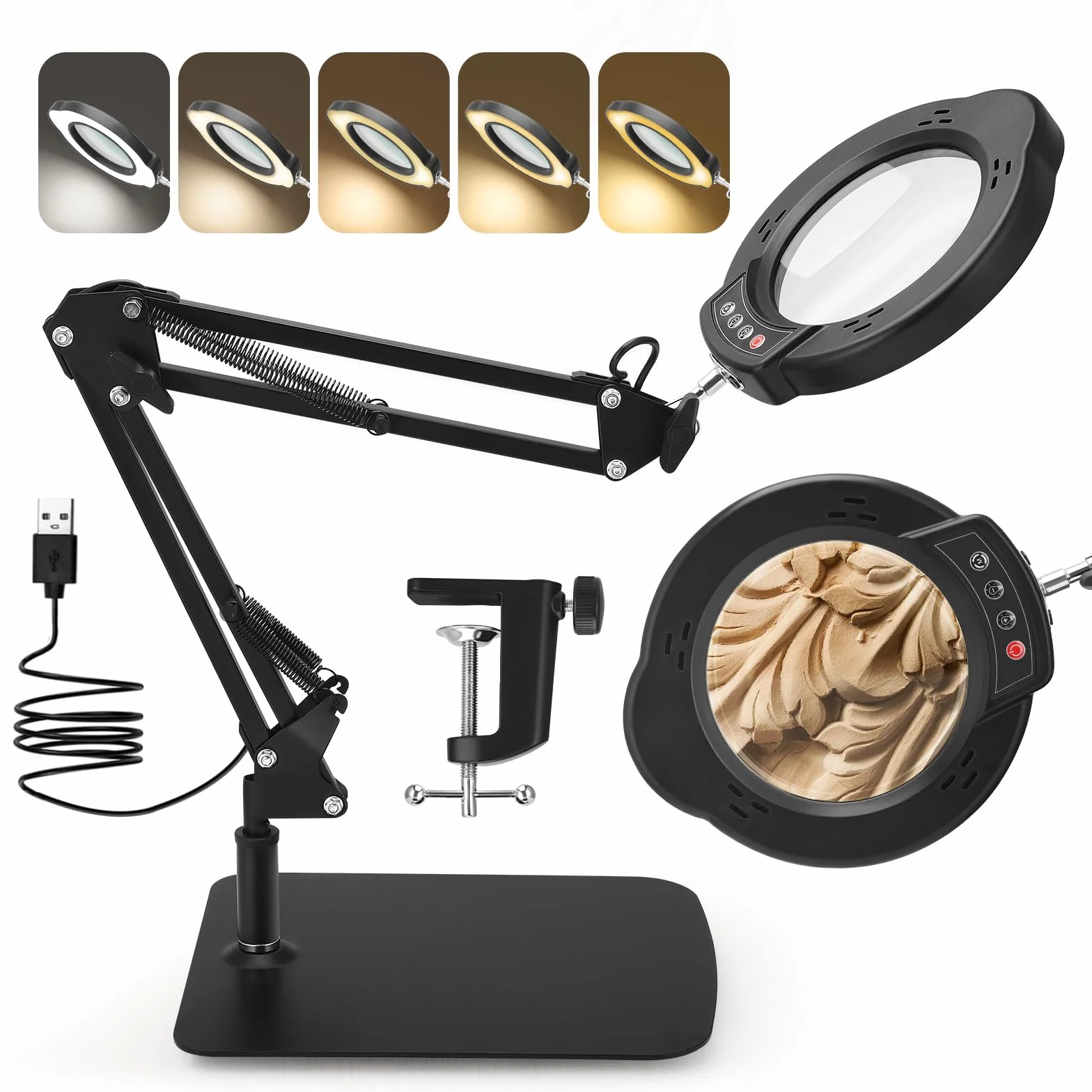 Lente d'ingrandimento con ingrandimento 15x, 5 temperature di colore e 10 livelli di luminosità, lente d'ingrandimento multifunzionale con bracci flessibili e testa Magnifying Glass