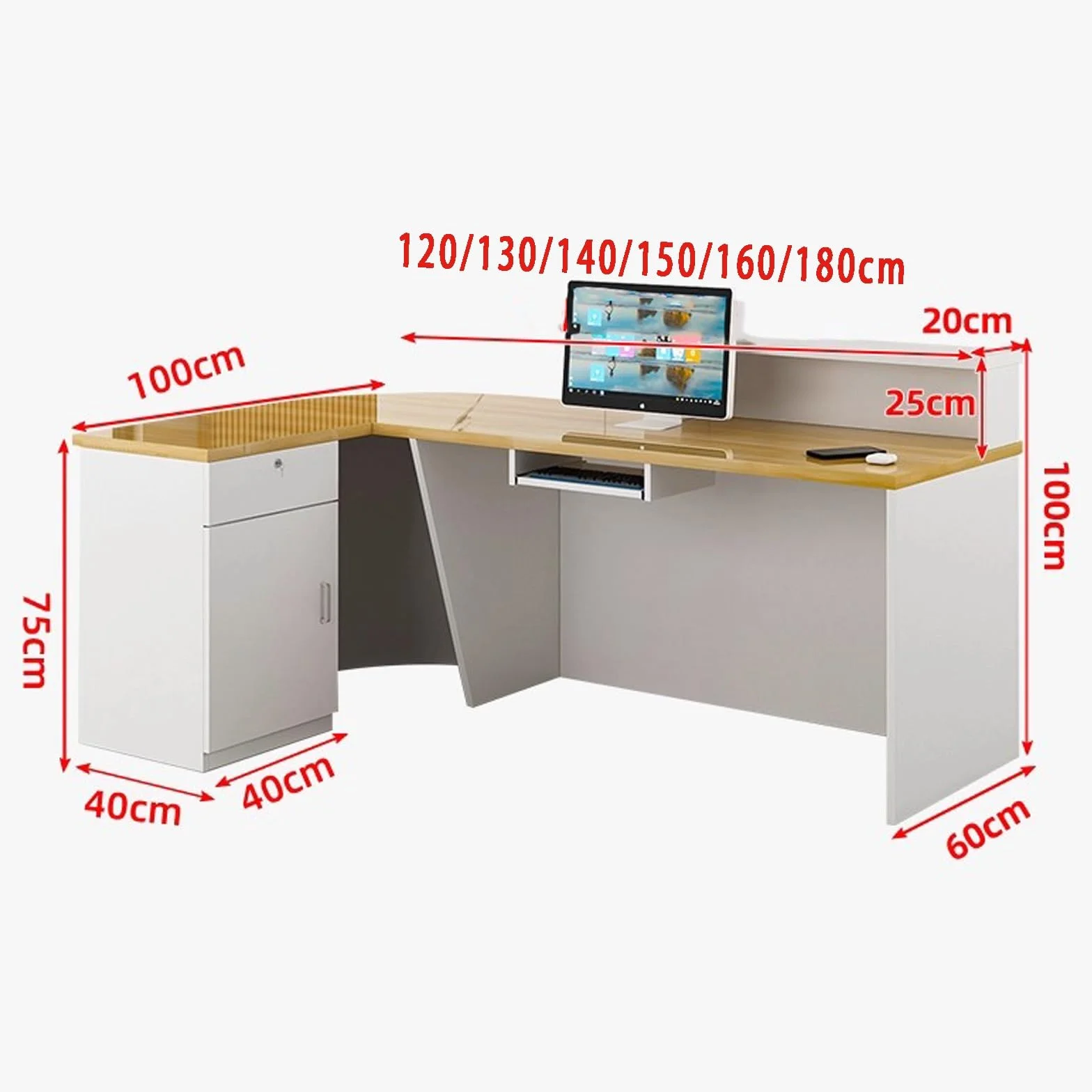 Banco Reception A L Con Ripiano Per Tastiera, Cassetto Con Serratura, Luce LED, Griglia In Legno Massello, Adatto Per Negozi Di Abbigliamento, Hall(Gray,RIGHT_180X60X100CM)