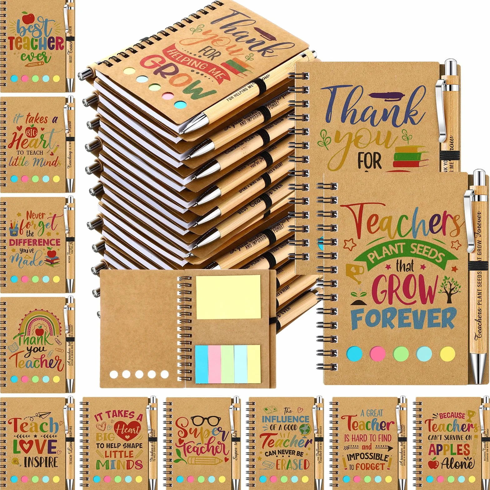 Resurhang 24 set di regali di apprezzamento per insegnanti da studenti, quaderni a spirale per insegnanti con copertina in carta kraft con note adesive colorate bandiere penne a sfera in bambù