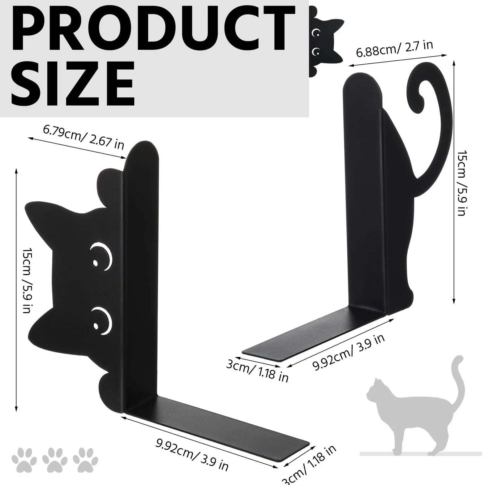 Fermalibri in Metallo Hidden Cat Nero, Fermalibri Decorativi Antiscivolo a Forma di Gatto per Libreria