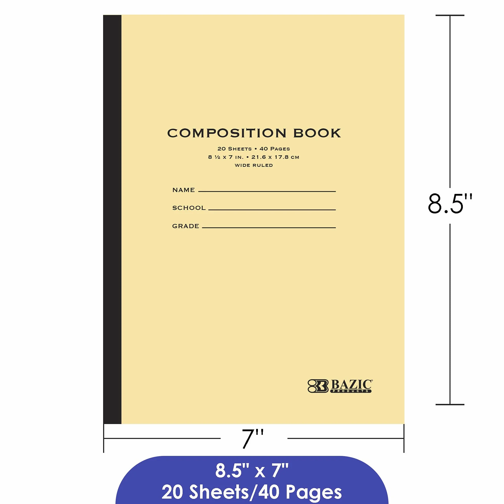 BAZIC - Quaderno a righe larghe 20 fogli con copertina Manila, 21,6 x 17,8 cm, diario Comp quaderni a righe per ufficio scuola, confezione da 24