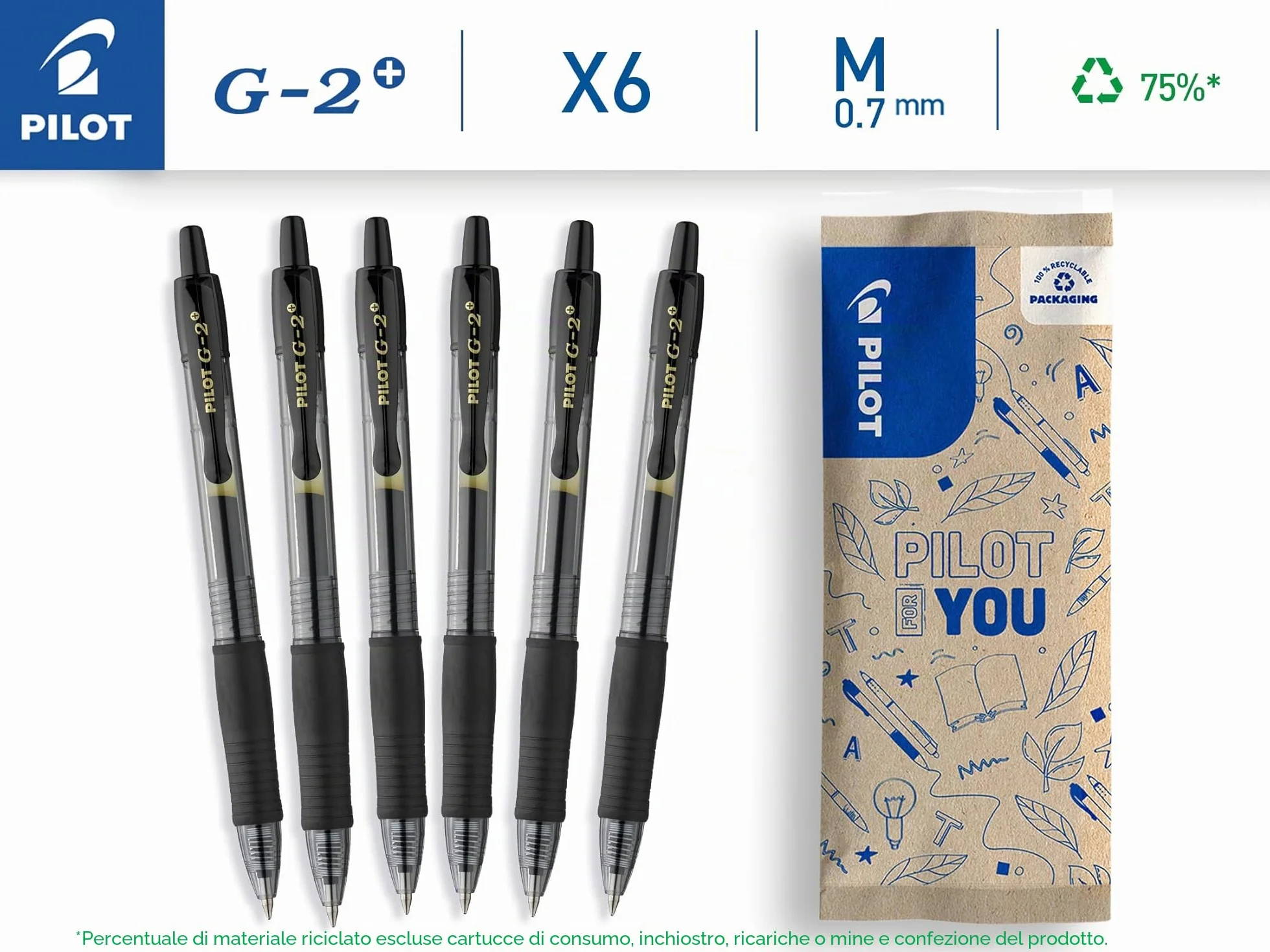 PILOT G2 Plus Set di 6 Penne Roller in Gel a Scatto Ricaricabili Nero Punta Media