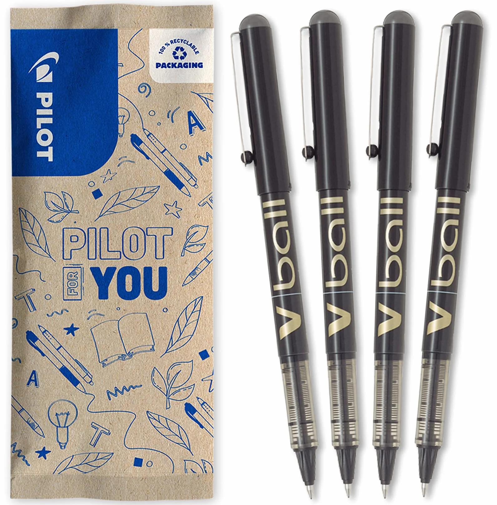PILOT Set di 4 V-Ball 07 Penne Roller con Inchiostro Liquido Punta Conica Media Nero