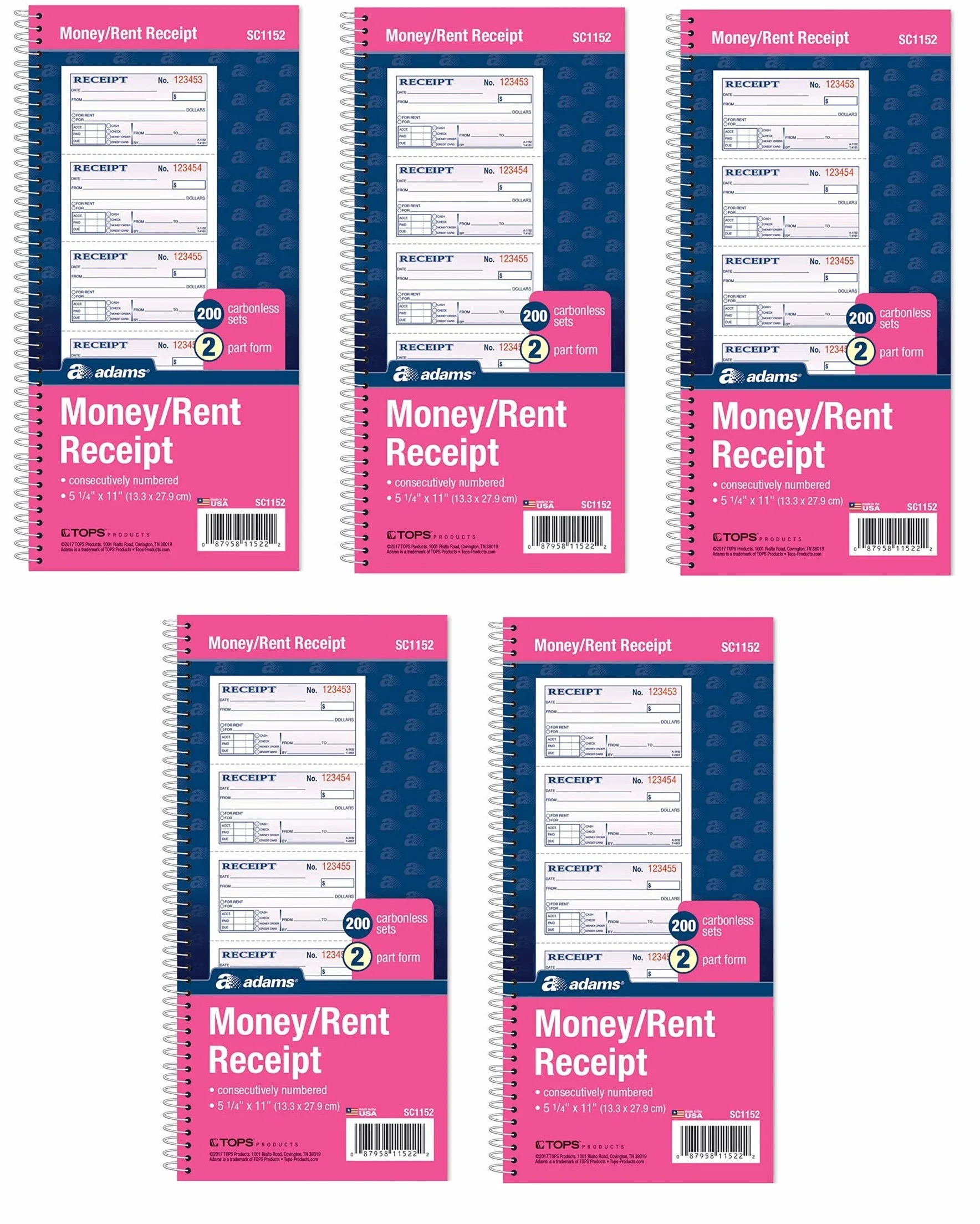 Adams Money and Rent Receipt Book, 2-part Carbonless, 5 1/10,2 x 27,9 cm rimovibile, rilegatura a spirale, 200 Sets per Book, 5 Pack Bundle