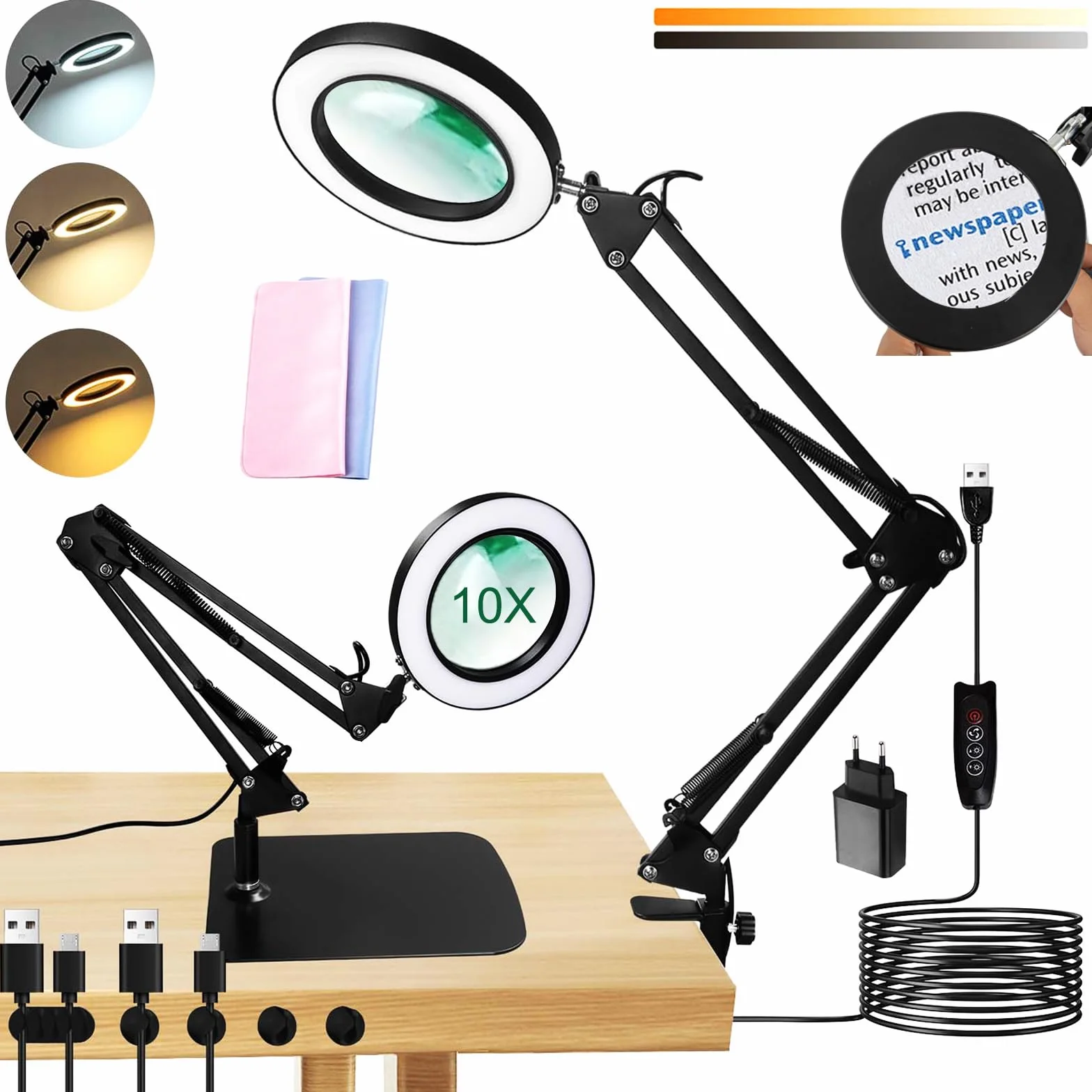 UCAMP Lampada con Lente di Ingrandimento Professionale,10x Lente di Ingrandimento con Luce,Lampada ingrandimento per Lettura,Riparazione,Artigianato,3 Modalità Colore,10 di Luminosità