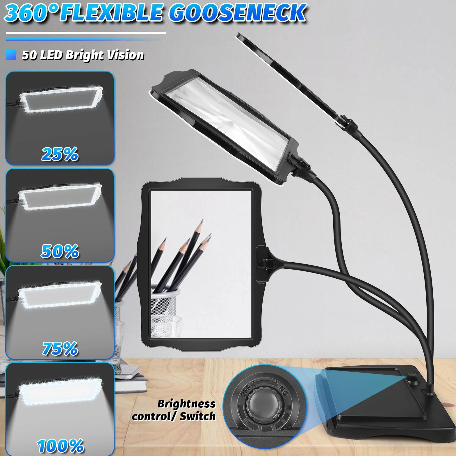 NZQXJXZ 10X Ricaricabile Lente Ingrandimento con Luce e Supporto, Lampada di Ingrandimento da Scrivania a 50 LED, Grande Lente di Ingrandimento per Lettura, Cucito, Artigianato, Pittura, Fai Da Te